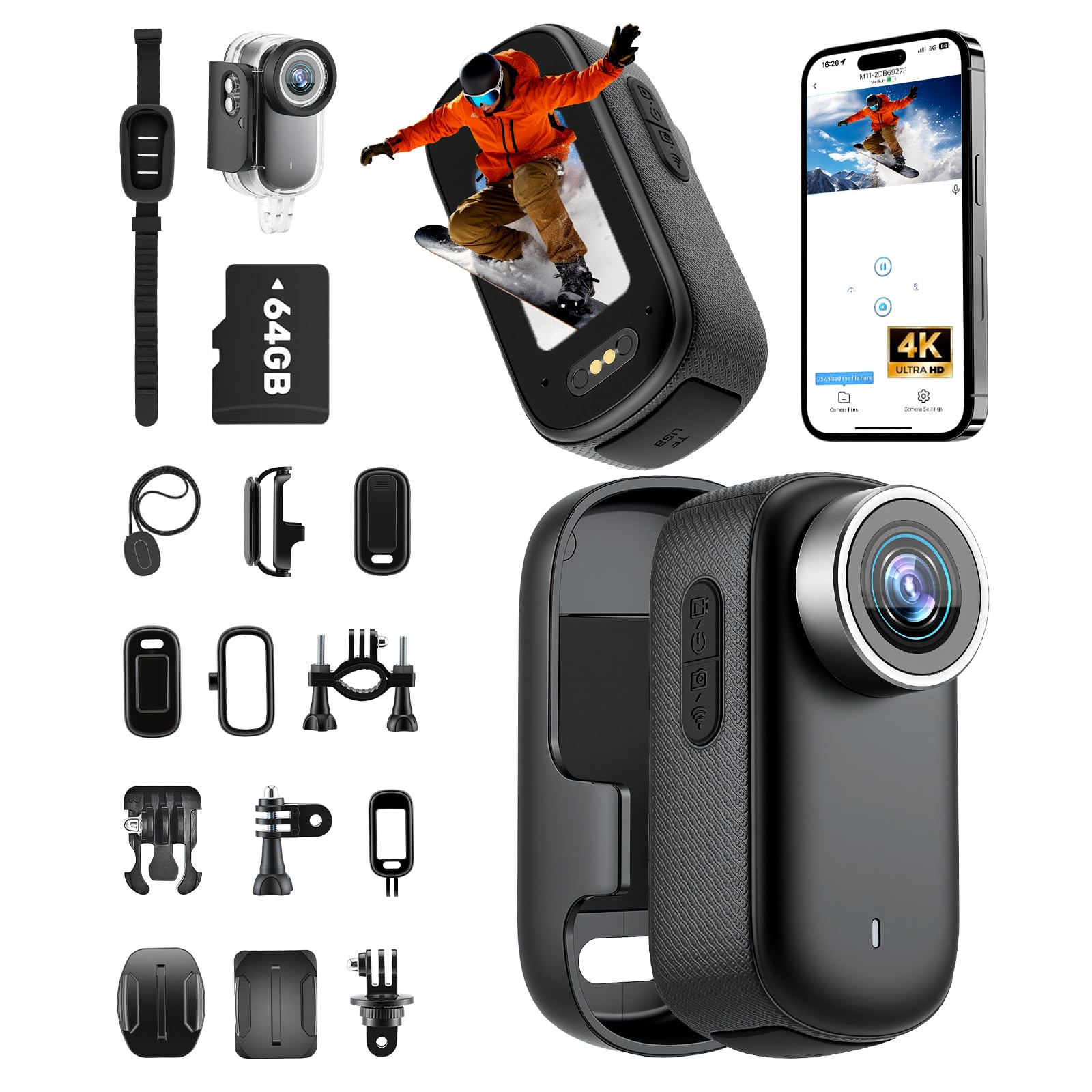Action Cam a 360° con touch screen e batteria di 8 ore, impermeabile fino a 30 m con alloggiamento, fotocamera POV grandangolare 120° con 10+ accessori per ciclismo, viaggi, sport, inclusa scheda TF
