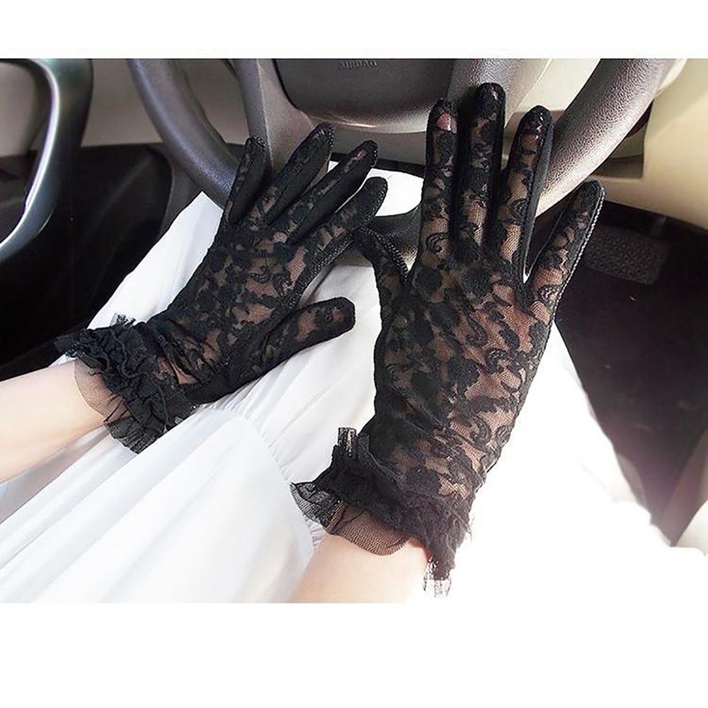 URSFUR Summer Sun UV Protection Outdoor Anti-skid Lace Driving Evening Gloves - black with small flower