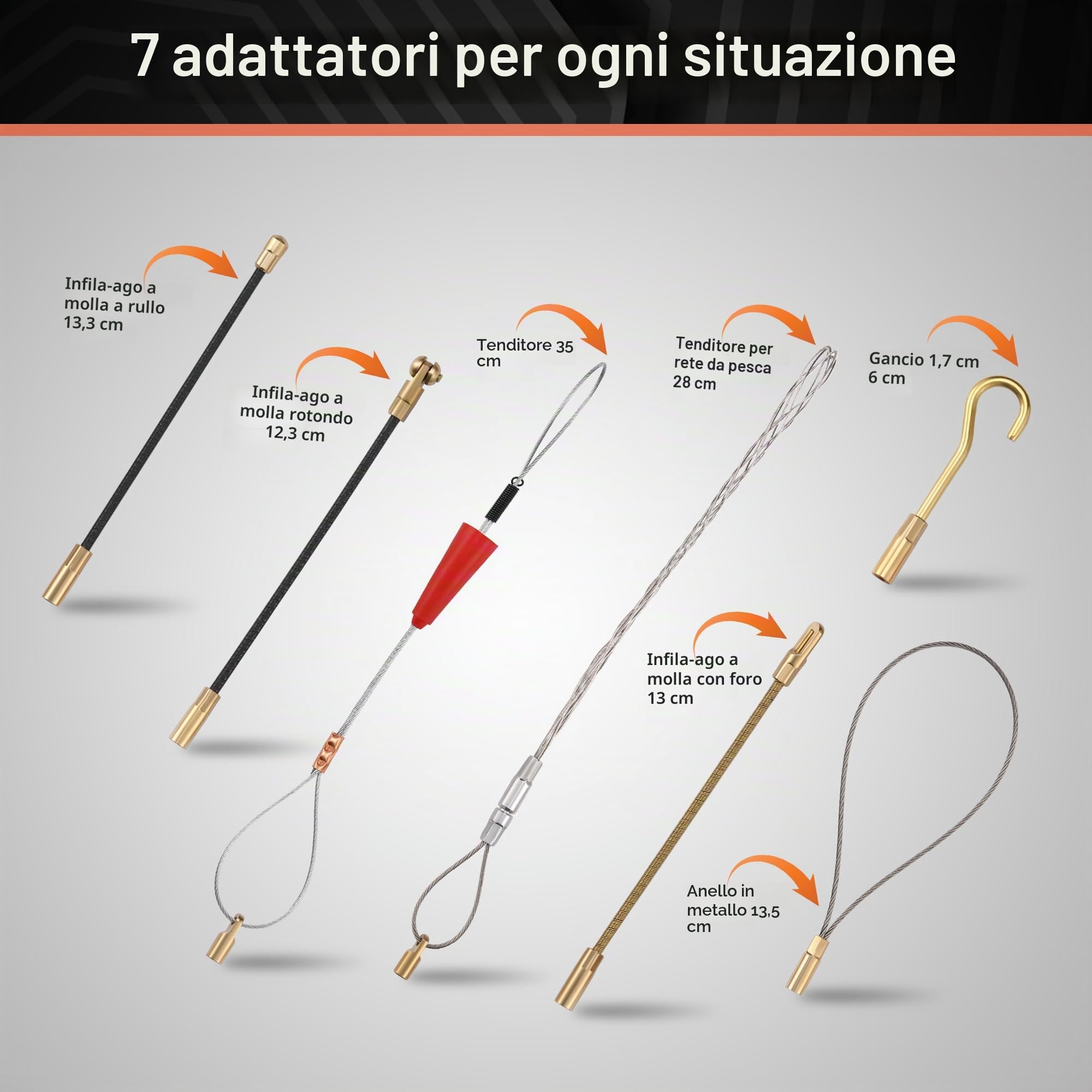 Sonda Passacavi Φ4,5mm 50m, Sonda Elettricista 50m, Cavo di Trazione in Poliestere Aiuto Alla Ritrazione del Nastro di Pesce Per Il Cavo con 7 tipi di accessori, con Alloggiamento in Plastica