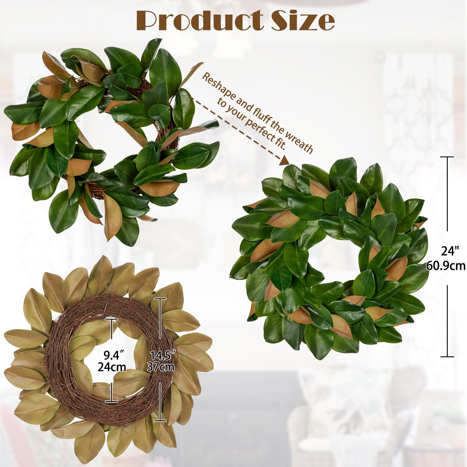 Kranz Künstlicher Magnolienkranz 60 cm Türkranz Wandkranz Künstlich Dekokranz Grün Magnolie Kunstpflanzen Tisch Kamin Deko Sommer Winter Deko Wohnzimmer Schlafzimmer