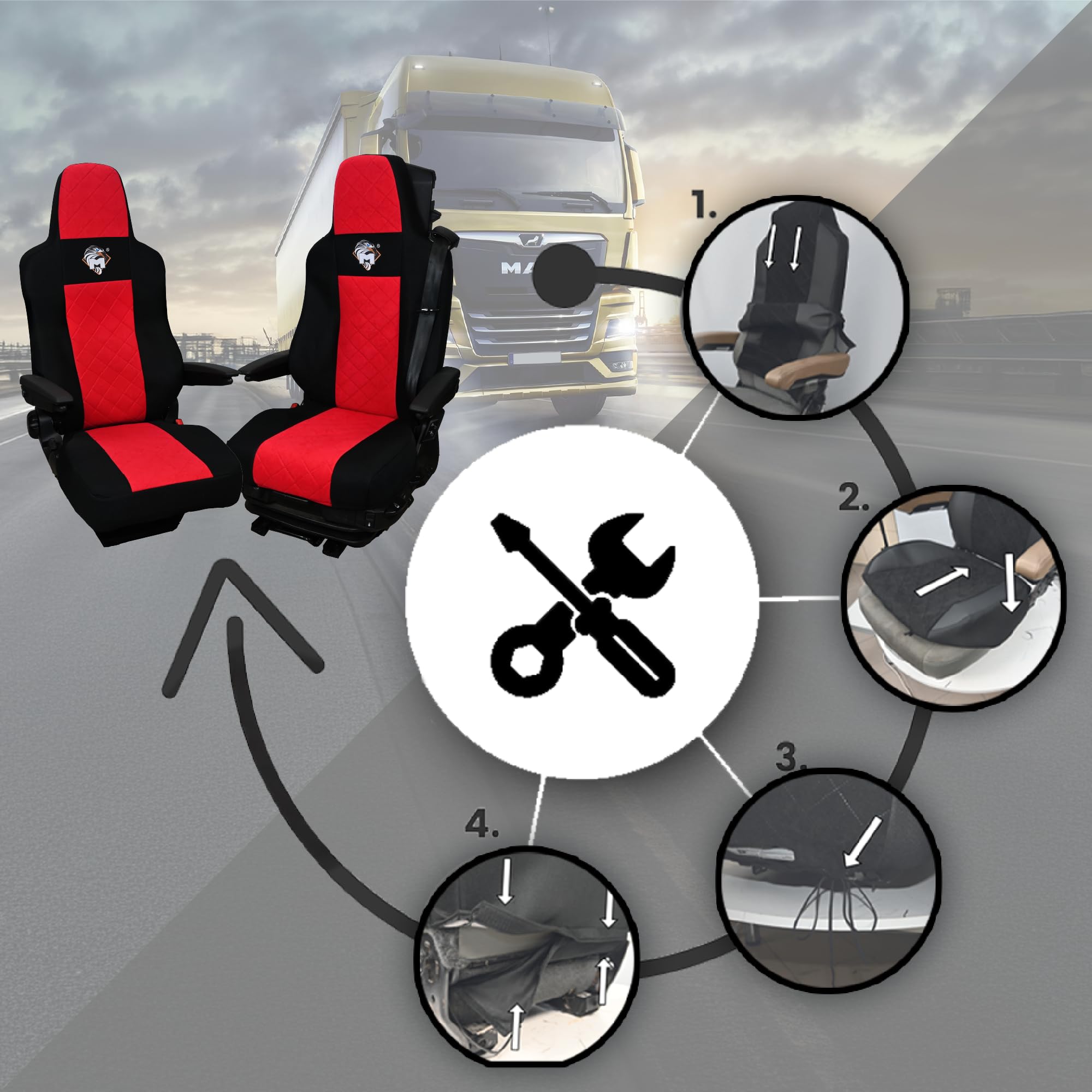 SABA Funda de Asiento para Man TGX Desde 2020 1-Rieme, Rojo | Accesorio de camión para protector de asiento - funda de asiento resistente para asientos delanteros