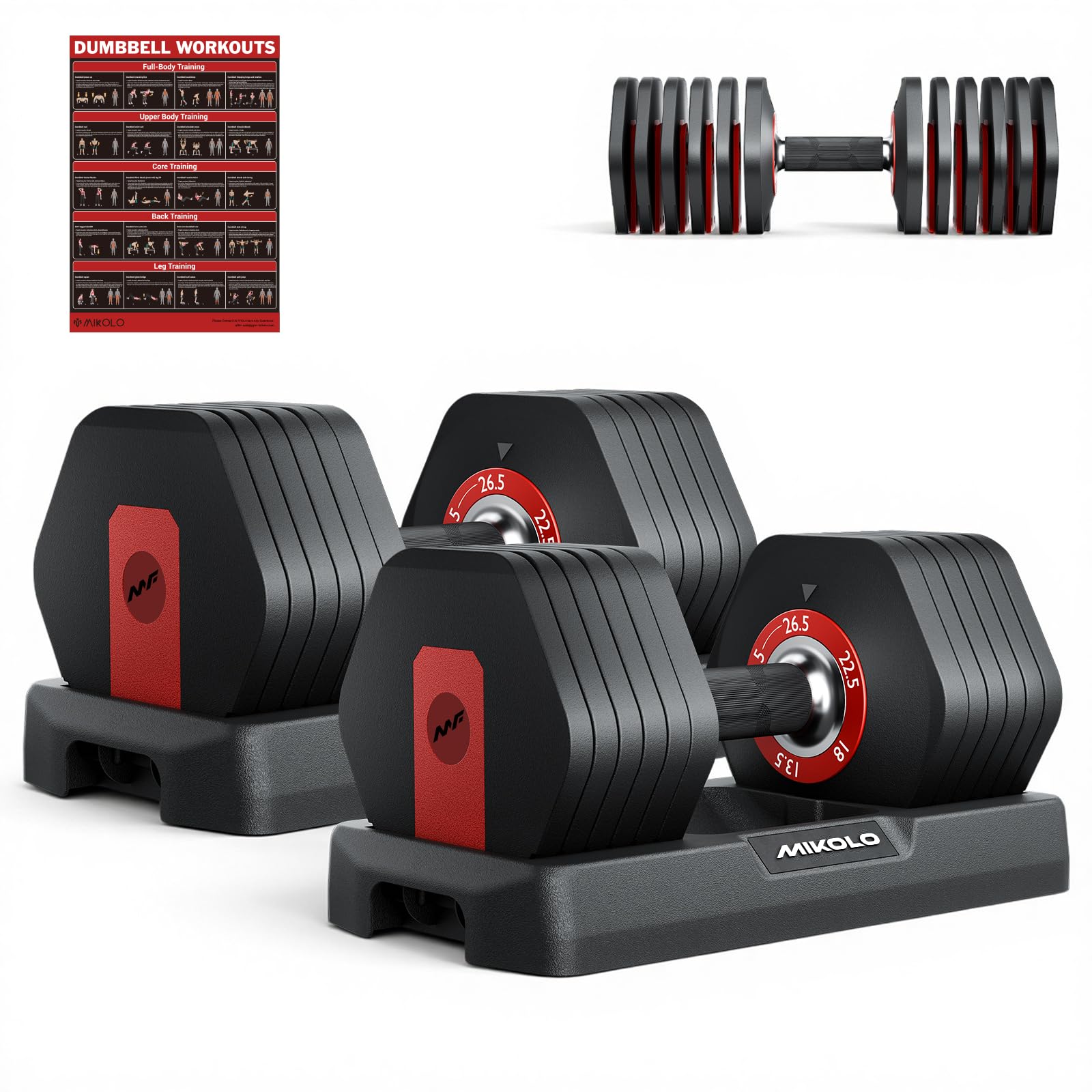 Hex Cageless Adjustable Dumbbell Set of 2, 26.5lbs Pair Weights Dumbbell Set with Storage Box, 6-in-1 Adjustable Weights with Anti-slip Grip, Weight Set For Home Gym Suit both Men and Women