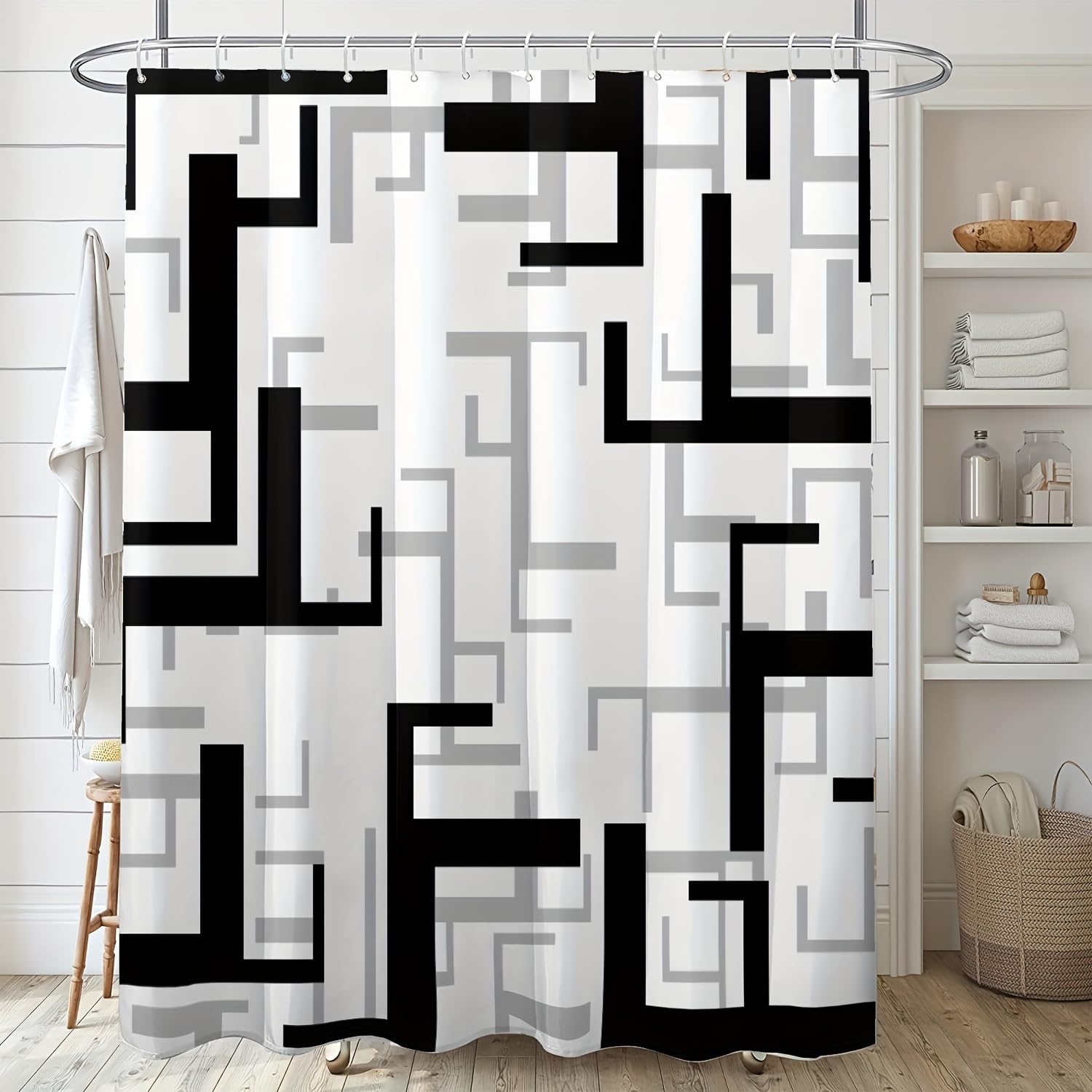 Rideau de douche moderne motif géométrique noir et blanc 90x240 pour rideau de salle de bain