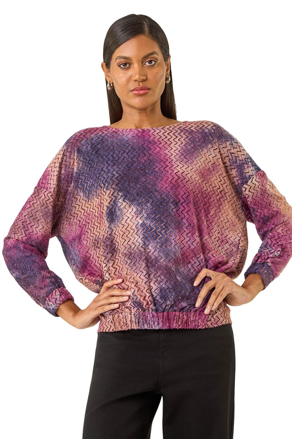 Roman Originals Bubble Hem Textured Stretch Top for Women UK - Ladies Everyday Autumn Winter Round Neckline Comfy Soft Evening Vacation Work Party Night Out - Pink Multi - Size 16