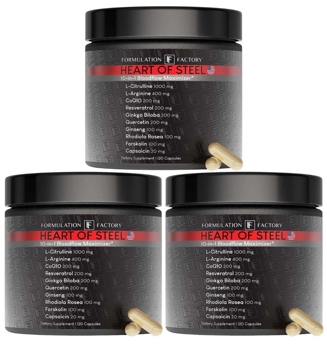 Formulation Factory Heart of Steel Nitric Oxide Supplements, Nitric Oxide Booster for Blood Flow & Circulation with L-Citrulline, L-Arginine, CoQ10 & Resveratrol - 360 Capsules, 90 Servings (3 Pack)