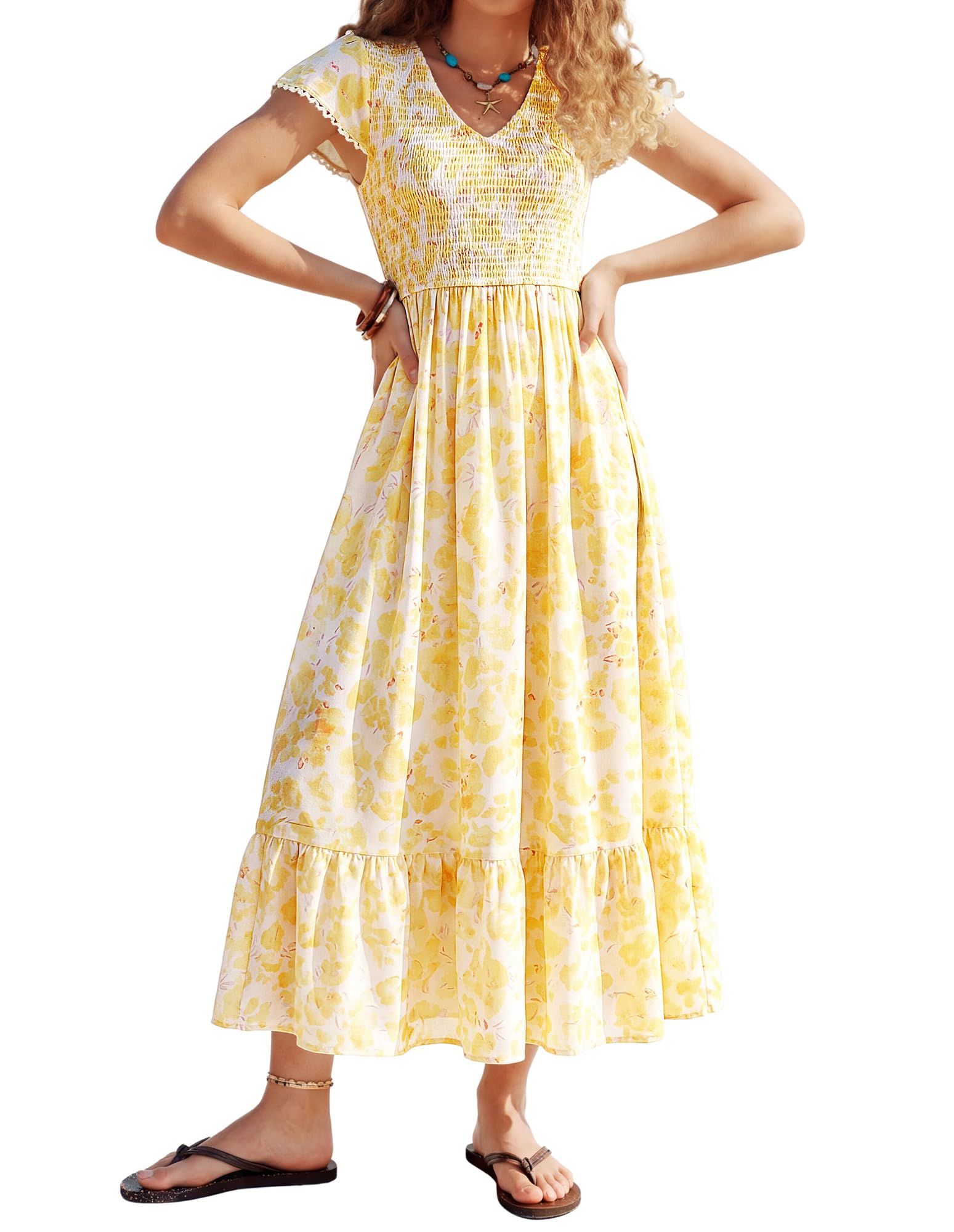 Kate Kasin Women's Floral Flowy Boho Dress Elastic Smocked Casual Dress Ruffled Short Sleeve Sundress Yellow M