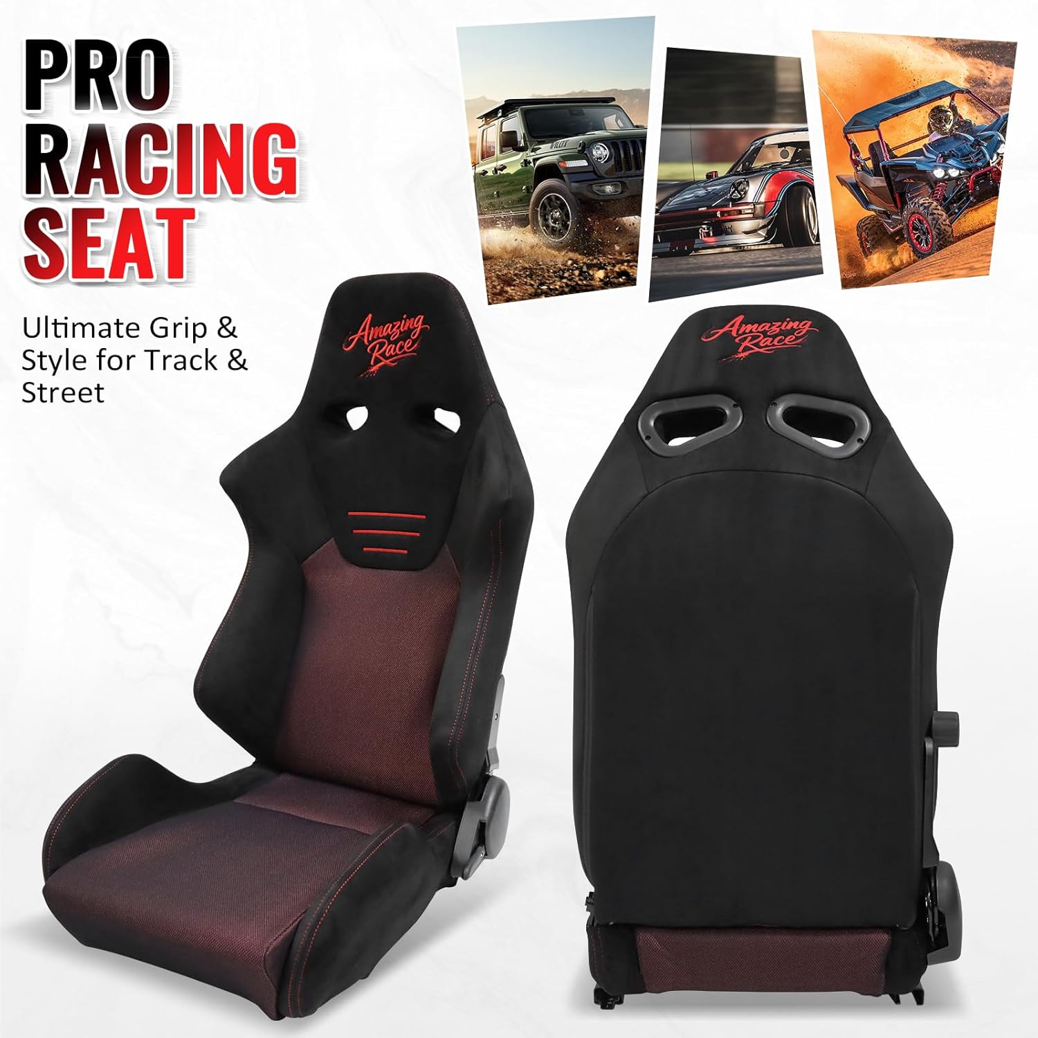 IKON MOTORSPORTS, 2-Pack Black & Red Racing Seats, Reclining Bucket Seats with Lumbar Support, Ergonomic Sport Seats with Suede & Breathable Mesh for Car, Truck, SUV