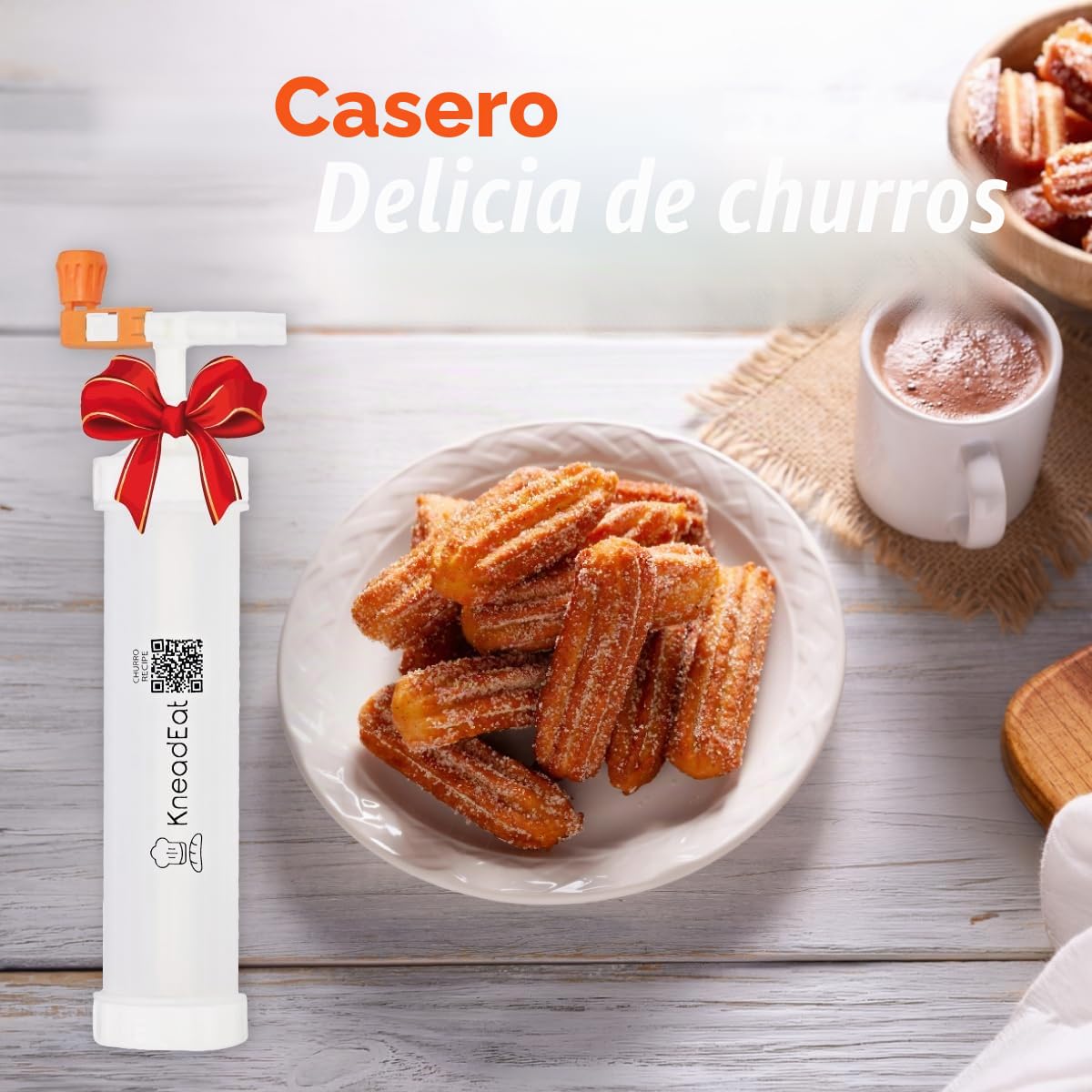 KneadEat Churro Maker - Kit de Churreera con mango impulsado por refuerzo - Bolsa de tuberías con aguja de relleno y receta QR para churros rellenos en casa y proyectos de horneado con niños - 3