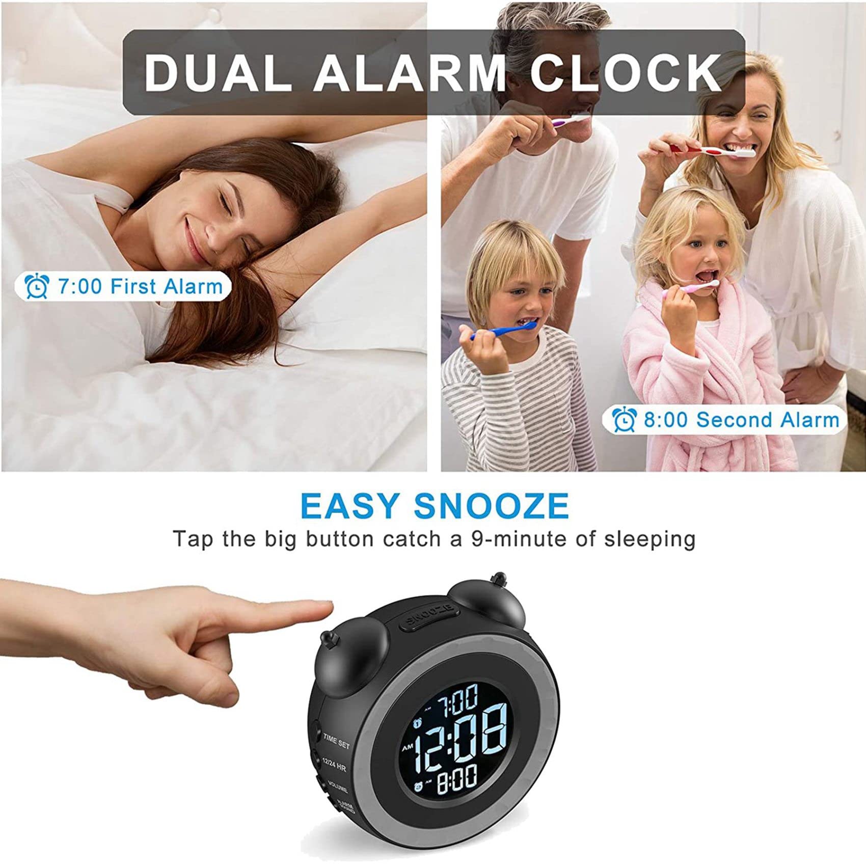 2X Reloj Despertador Doble Fuerte con Agitador de Cama, Reloj Despertador Vibratorio para Personas Que Duermen Mucho O Personas con Problemas de Audición, Puerto de Carga USB