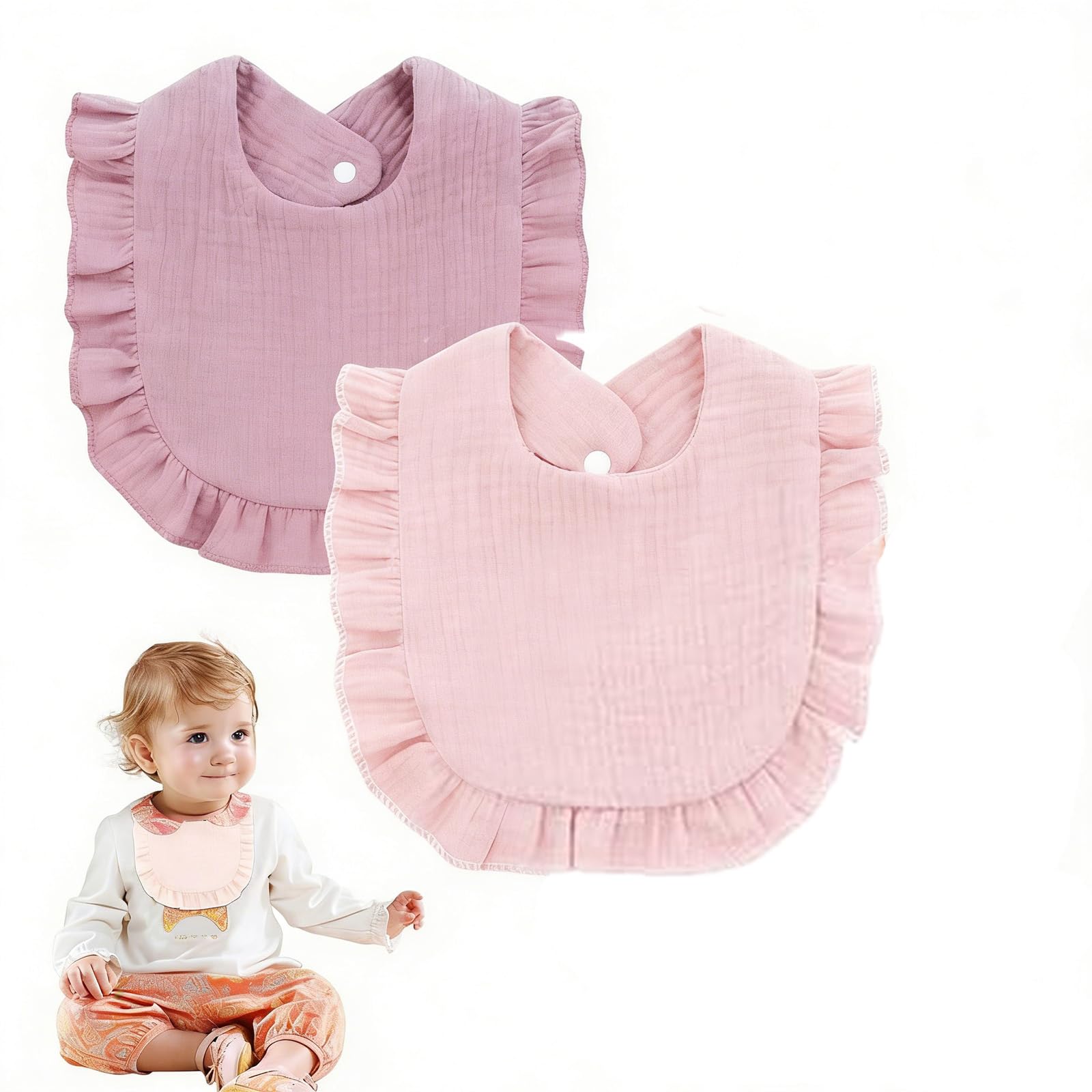 2pcs Bibs for Kids, Feeding Bibs for 6 To 12 Months kids, Cotton Muslin Lace Drool Protection for Daily Use, Light Pink and Purple Pink-picture-12