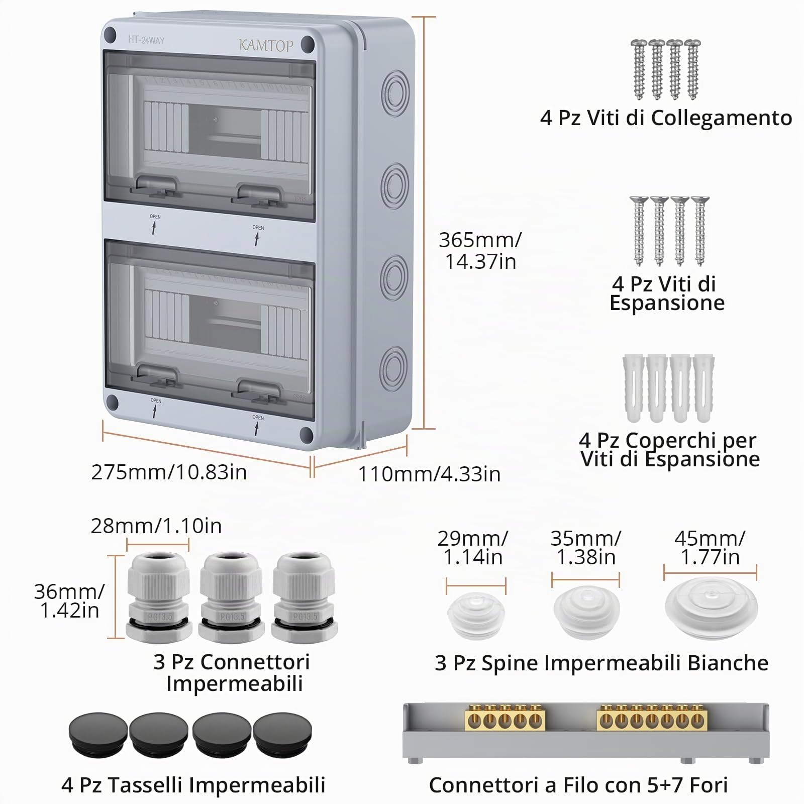 Kamtop Quadro Distribuzione Bifase IP65-24 Moduli a Doppia Fila con 5 Morsetti Trifase e 7 Prese Esterne, Progettato per Cantieri Edili, Vivai Professionali e Impianti Commerciali