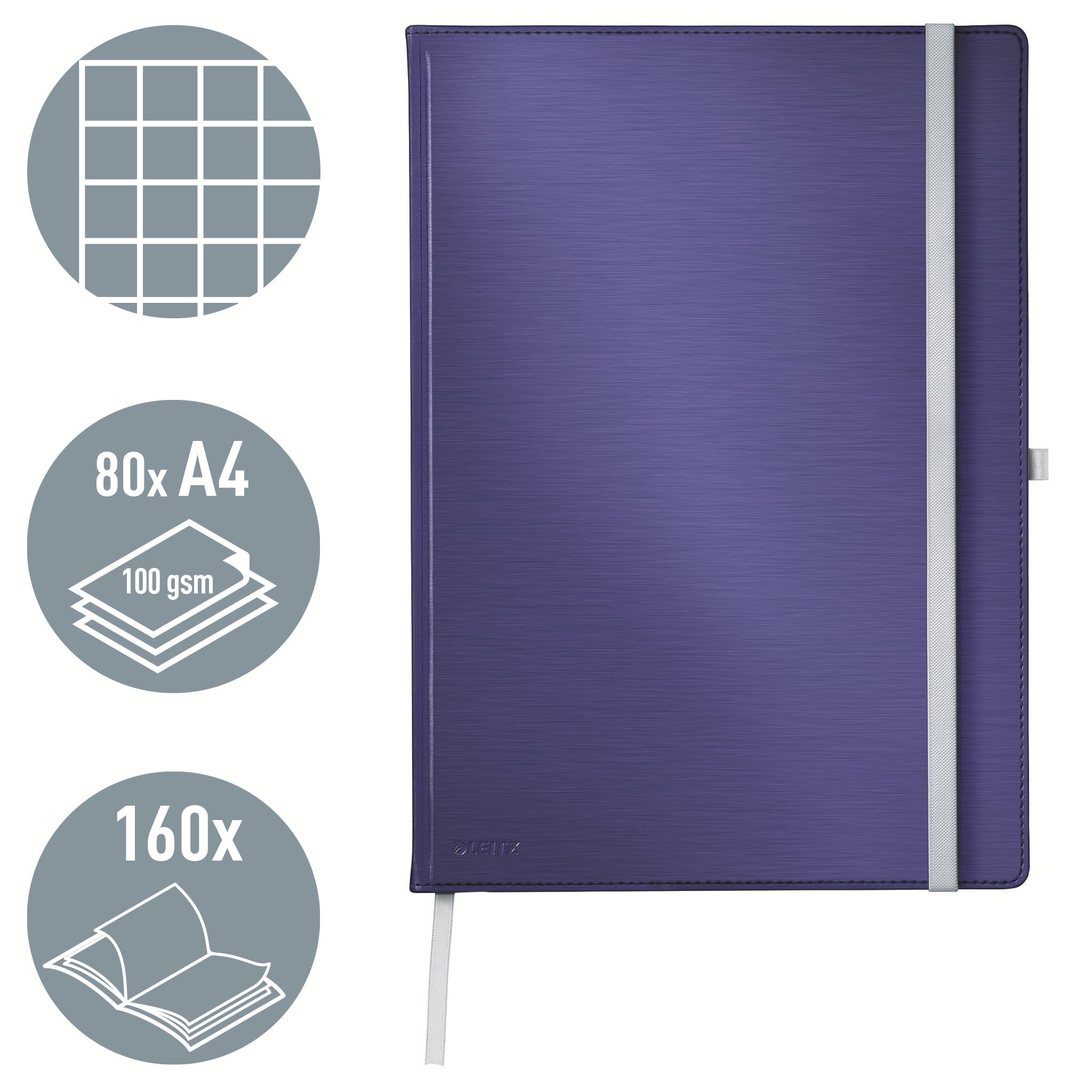 Leitz Style A4 Notizbuch Kariert, Hardcover, 160 Seiten, 80 Blatt, FSC-zertifiziertes 100 g/m² Papier, Verschluss & Lesezeichen, für Büro & Home Office, Blau, 44761069