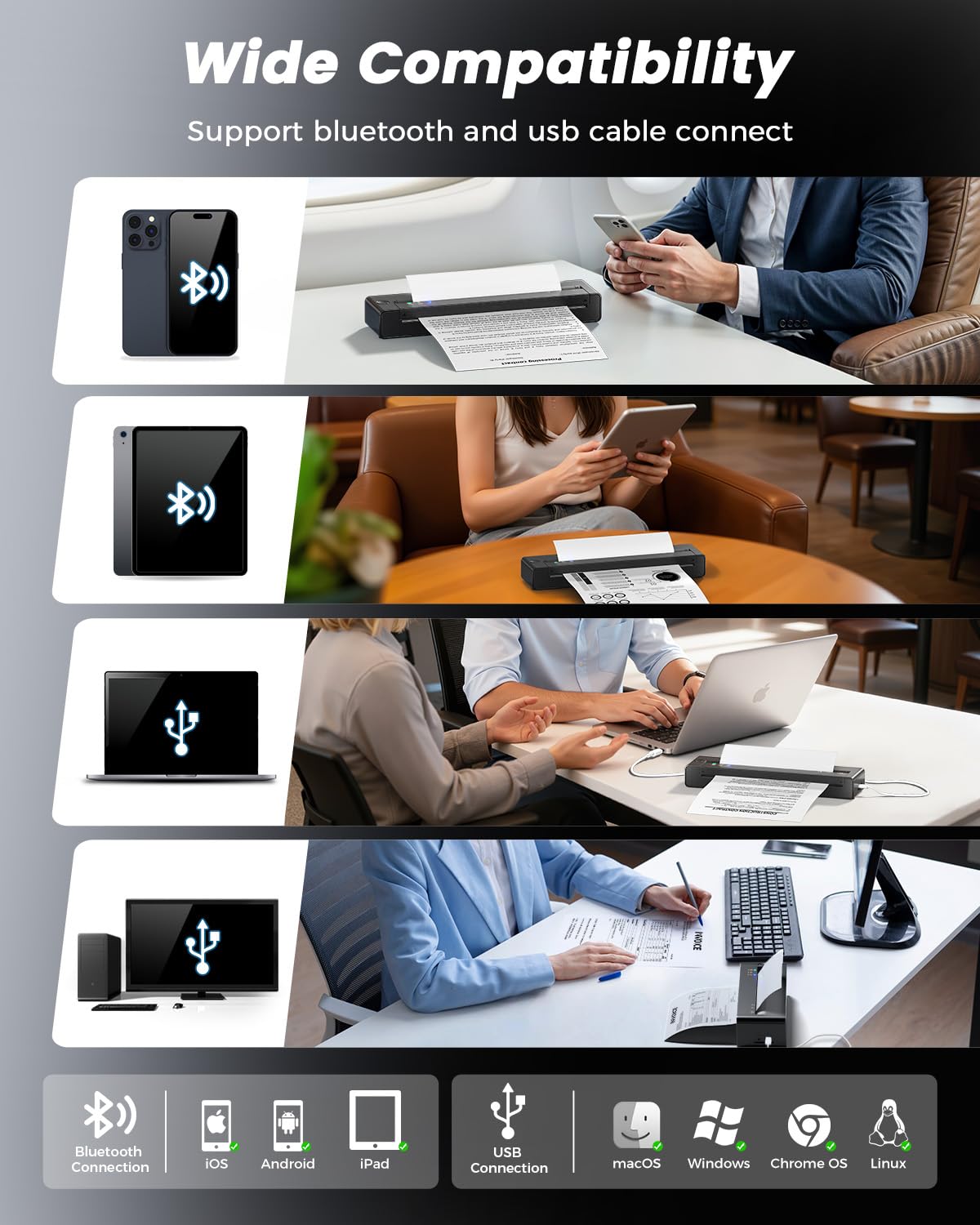 TATTMUSE Portable Printers Wireless for Travel, Inkless Printer for Phone & Laptop, Mobile Thermal Small Bluetooth Compact Dot Matrix Printer for Home Use, Support 8.5" X 11" US Letter & A4 Size