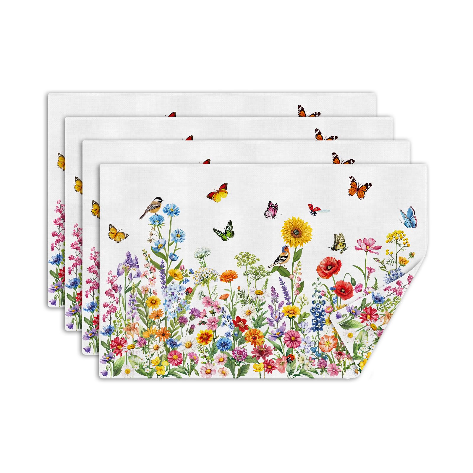 comfoyar Sunflower Wildflower Table Placemats Set of 4, 45x30cm Washable Heat Resistant Green Leaf Place Mats, Absorbent Spring Summer Butterfly Linen Table Mats for Kitchen Dinning Party Decoration