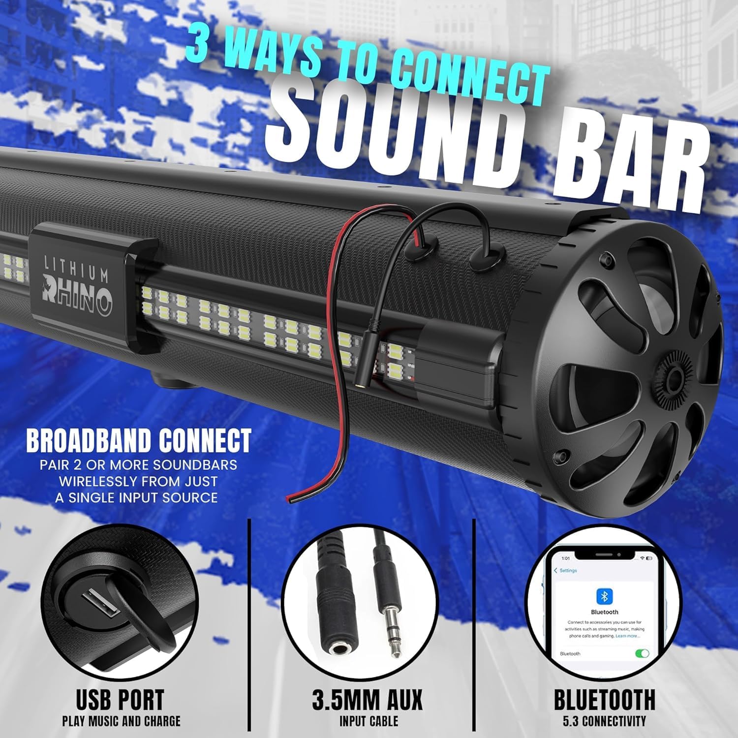 UTV Sound Bar Bluetooth with RGB Lighting, 28" Waterproof Golf Cart SoundBar, 8 Speaker HiFi 2.1HD Amplified Powersports Offroad ATV Sound Bar, Compatible LED Sound System Marine