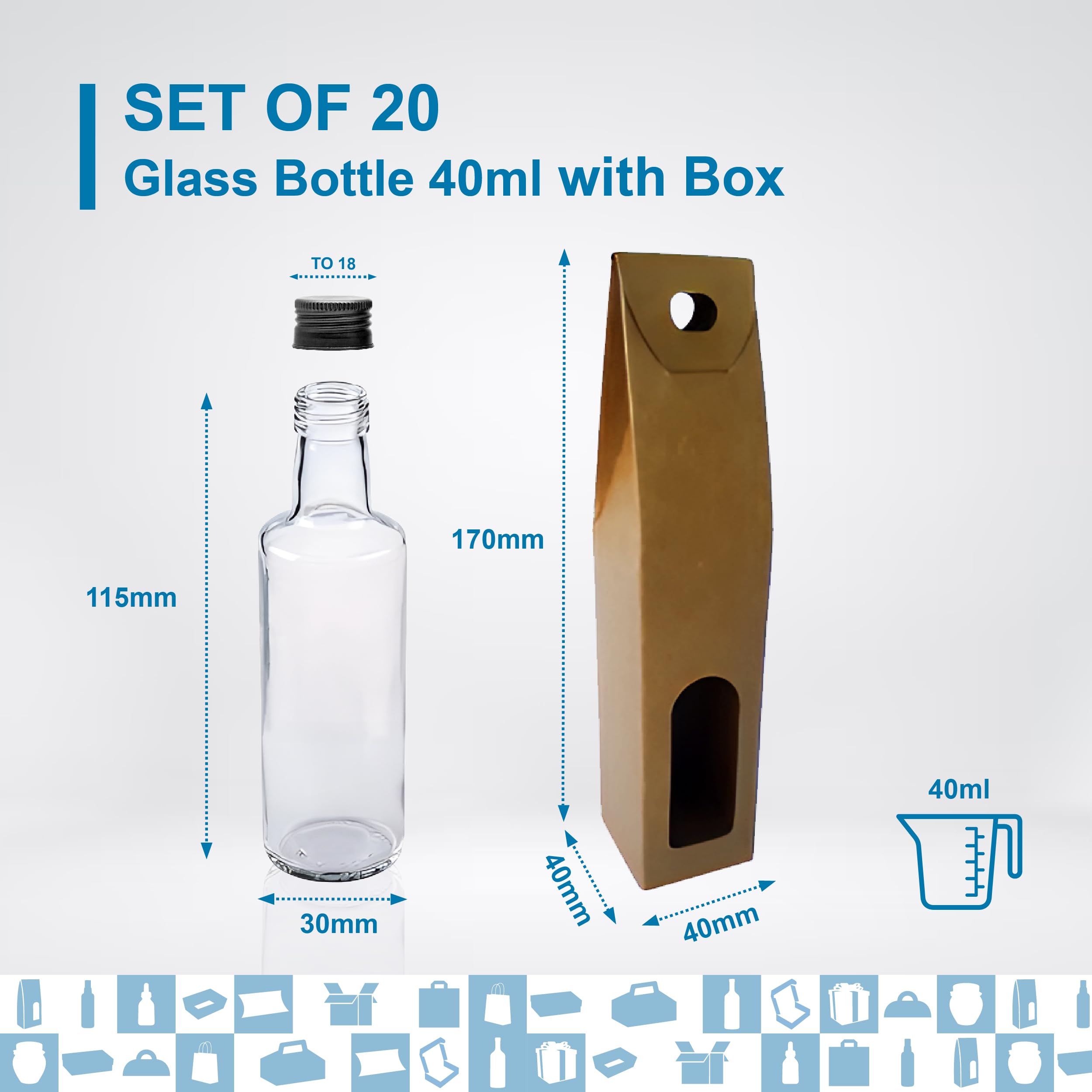 Espirito Rebelde 20 Minibotellas de Vidrio 40ml con Tapón de Rosca Negro + Caja | Mignonnettes de Alcohol 4cl, Pequeñas Fioles de Muestra | Ideal para Regalos, Bodas