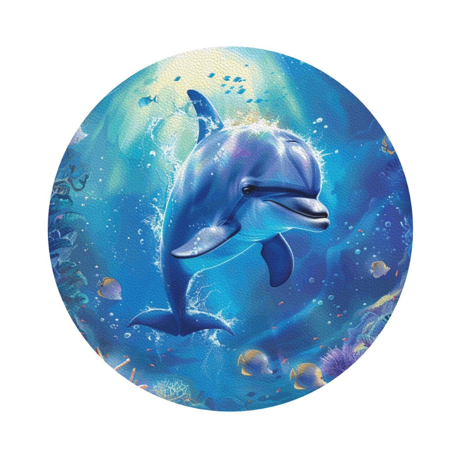 cute Dolphin Print Leather Coaster Set of 6, Round Shape Coasters Table Decorative Coffee Cup Beverage Coasters Wine Beer Bar Coasters for Hot Drinks Table Protection