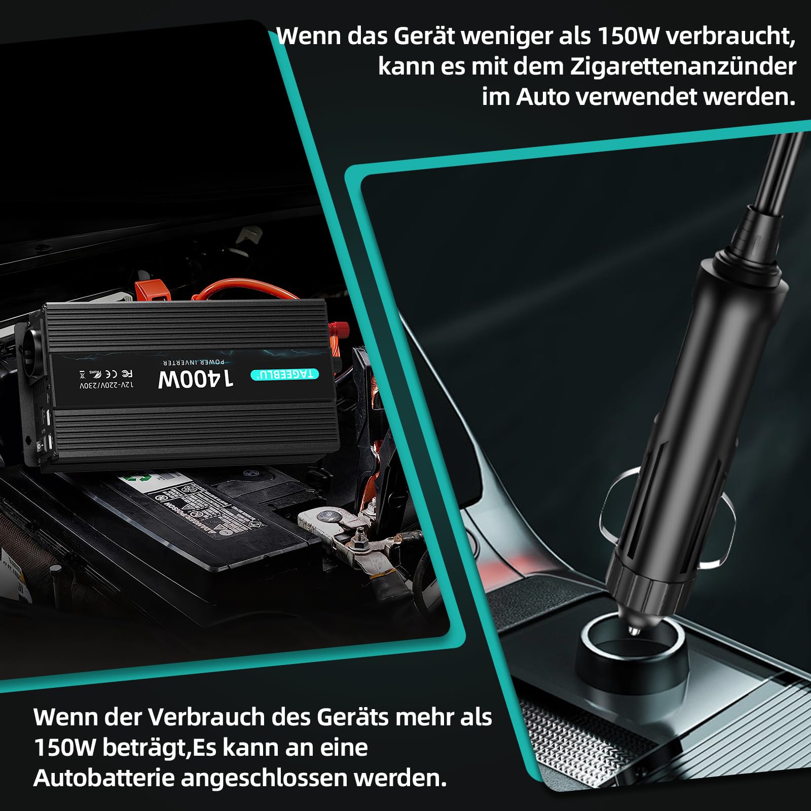 Falownik 1400 W, 12 V na 230 V, przetwornica napięcia 12 V 230 V | Z 1 gniazdkiem, typ C 20 W, szybkie ładowanie USB 20 W, wskaźnik LED