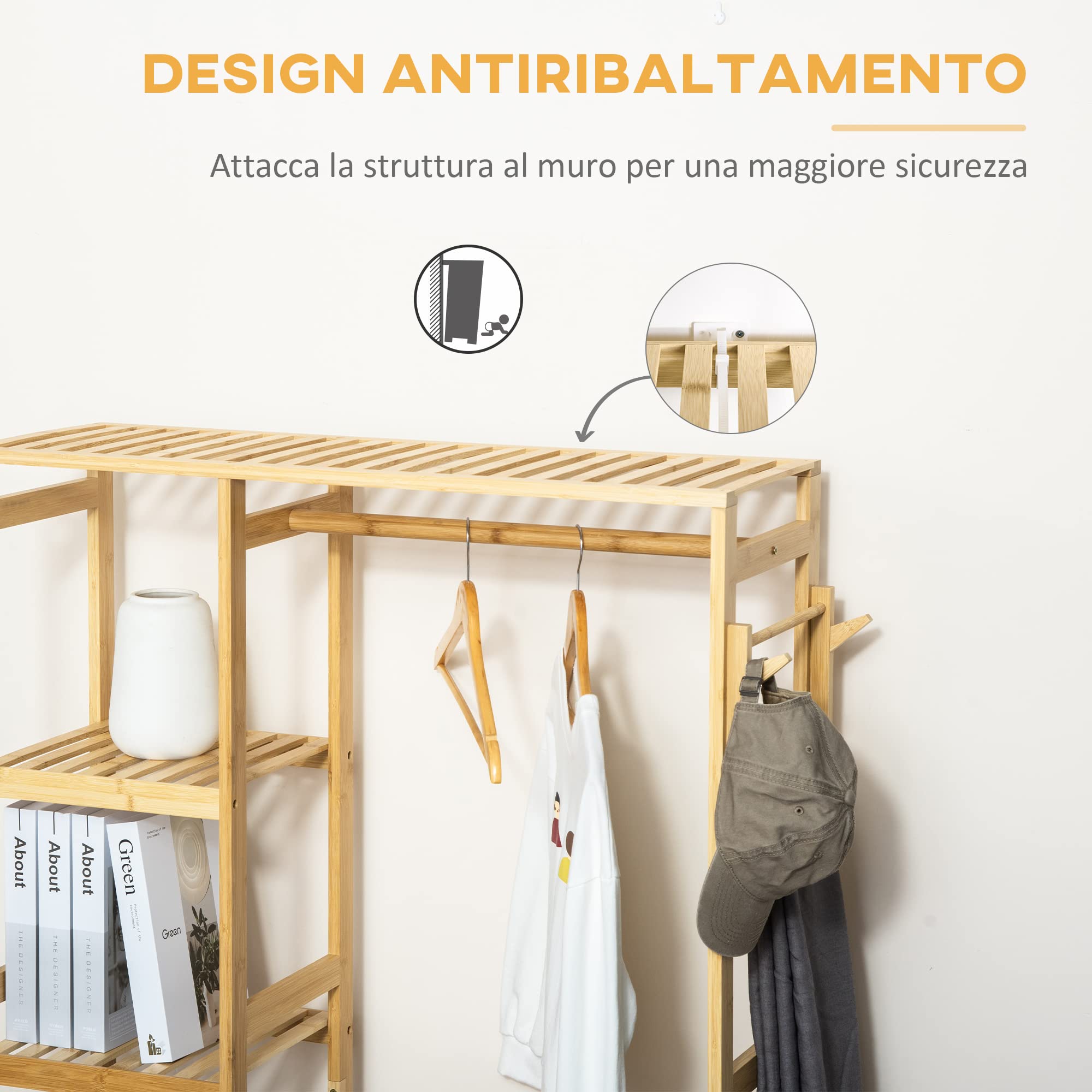 HOMCOM Appendiabiti da Terra in Legno di Bambù, Attaccapanni con Mensole Laterali per Ingresso e Camera da Letto, 90x30x155cm