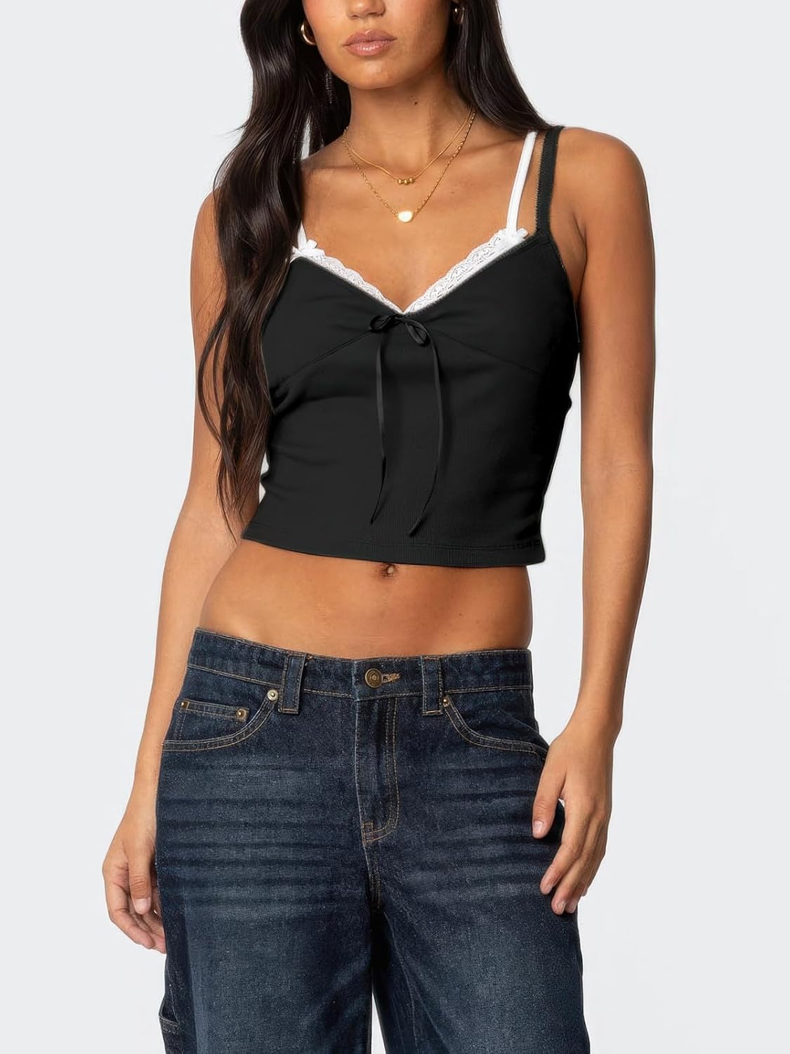 Women's Lace Bow Ribbed Spaghetti Strap Tank Top Cute V Neck Camisole Cropped Going Out Tops - Image 5