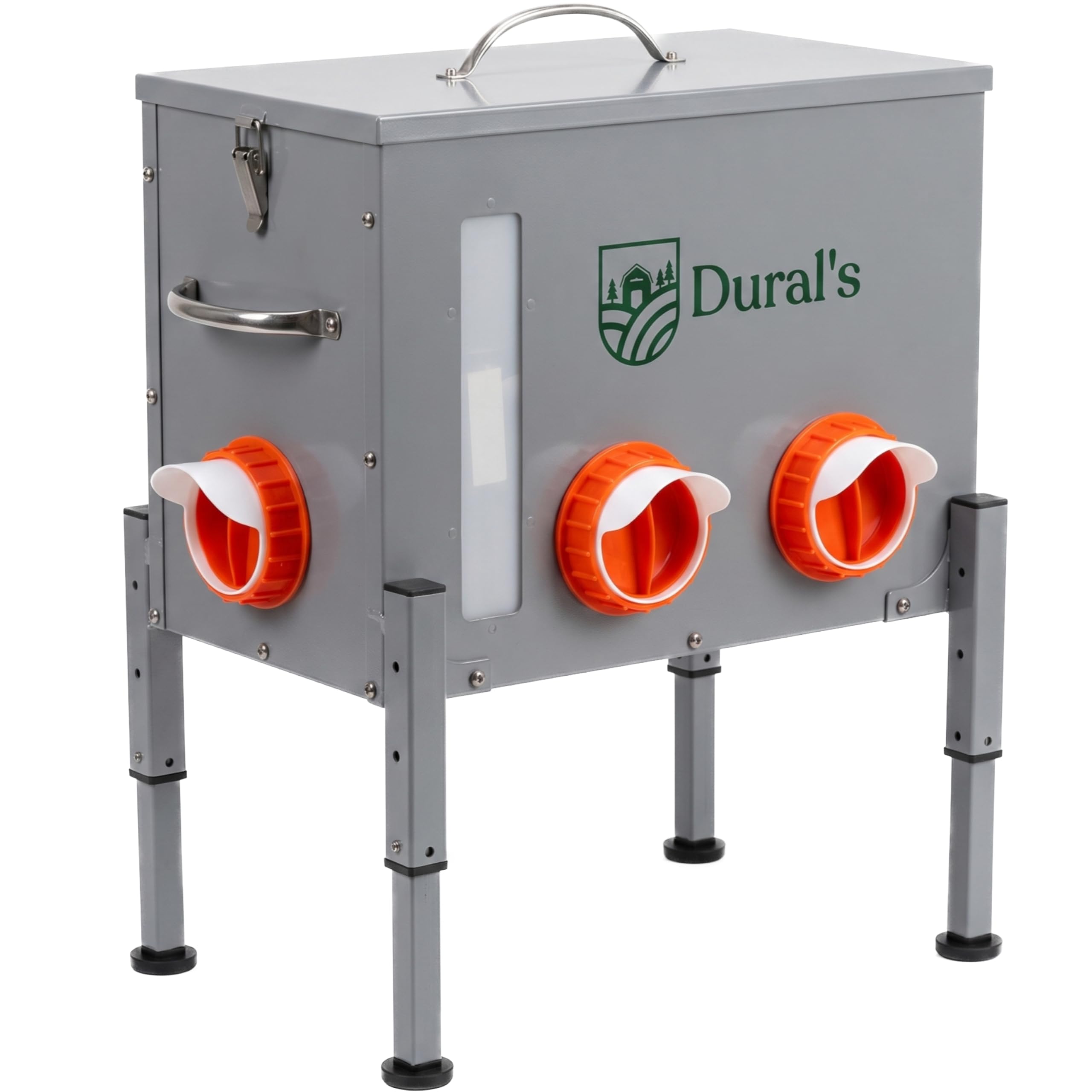Dural's® Comedero Gallinas Anti Ratas Antipájaros 18 kg – Dispensador Automático de Pienso en Acero Galvanizado, 6 Puertos y Ventana de Nivel – Comedero para Gallinas Exterior Gallinero
