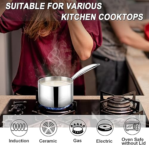 Miniatura 5 de TeamFar Cacerola de 2 cuartos con tapa, sartén de acero inoxidable de tres capas para leche, olla pequeña con mango ergonómico, para inducción, gas,