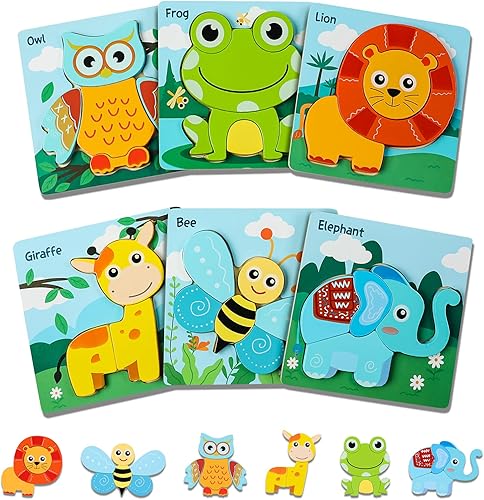Paquete de 6 rompecabezas de madera para niños pequeños de 1 a 3 años  Juguetes Montessori para niños y niñas de 1, 2 y 3 años  Juego de