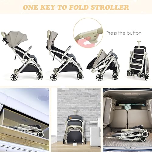 Miniatura 9 de INFANS Cochecito de bebé ligero, compacto con plegado de una mano, cochecito de viaje para avión con portavasos, toldo, arnés de 5 puntos, cubierta
