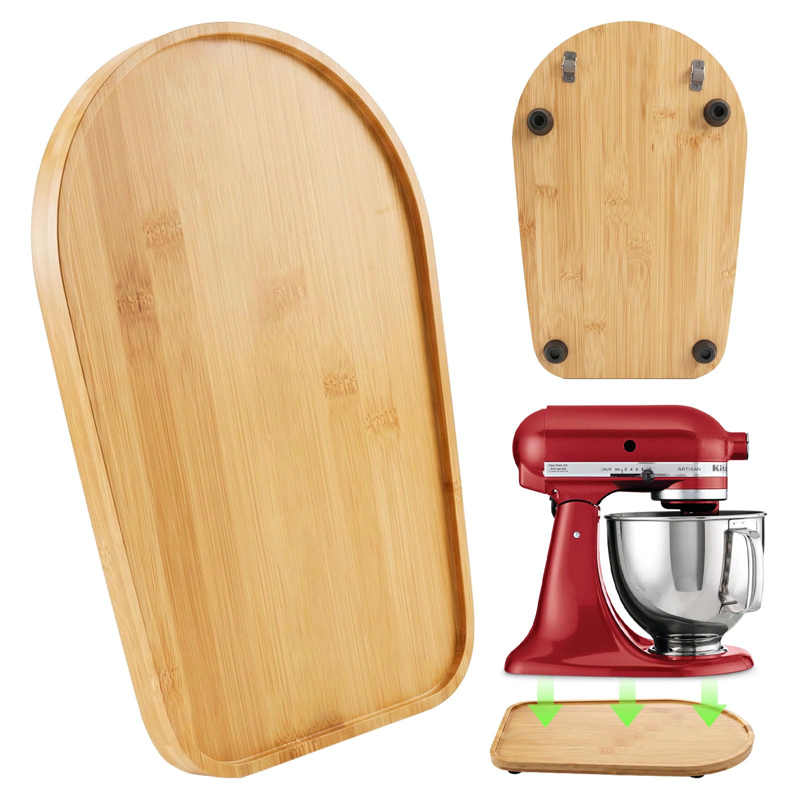 Bamboo Mixer Slider with 4 Rubber Cushion Pads & 2 Wheels, Compatible with KitchenAid 4.5/5 Quart Tilt-Head Stand Mixer K45SS, Kitchen Appliance Sliding Mat for Countertop, Easy Move Protector