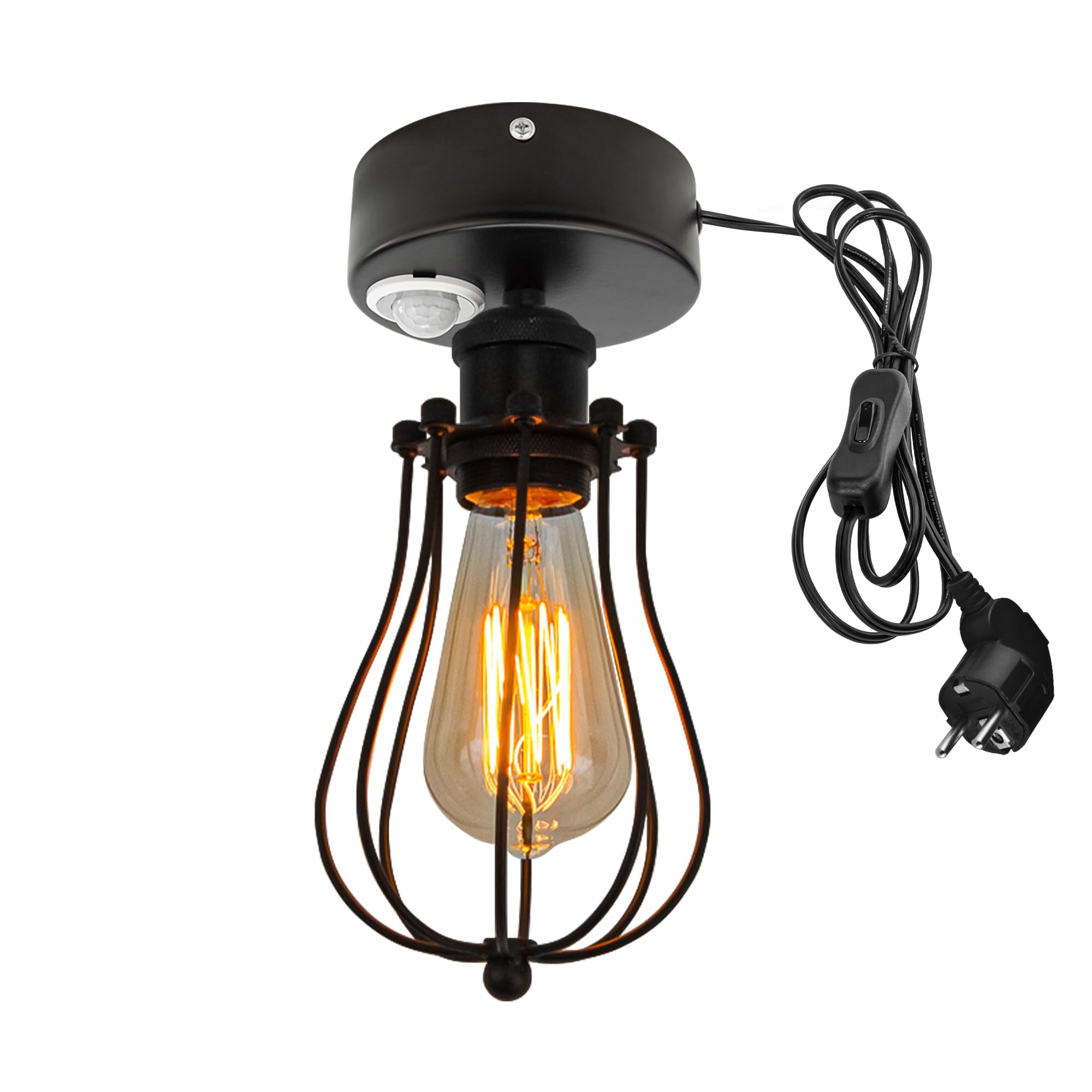 Plafoniera con sensore di movimento interno, lampada da soffitto in ferro industriale, sensore di movimento radar con cavo da 4,5 m e portalampada E27, per corridoio, bagno, garage, scale,