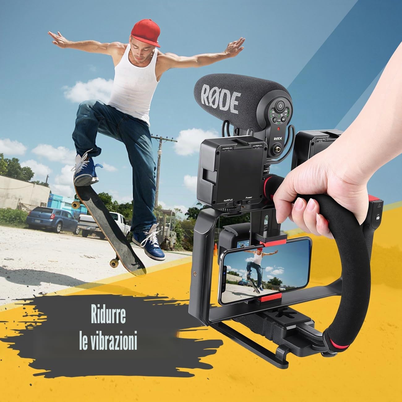 Zeadio Stabilizzatore video portatile per videocamera d’azione con supporto video per smartphone per tutte le videocamere d’azione, videocamere e smartphone