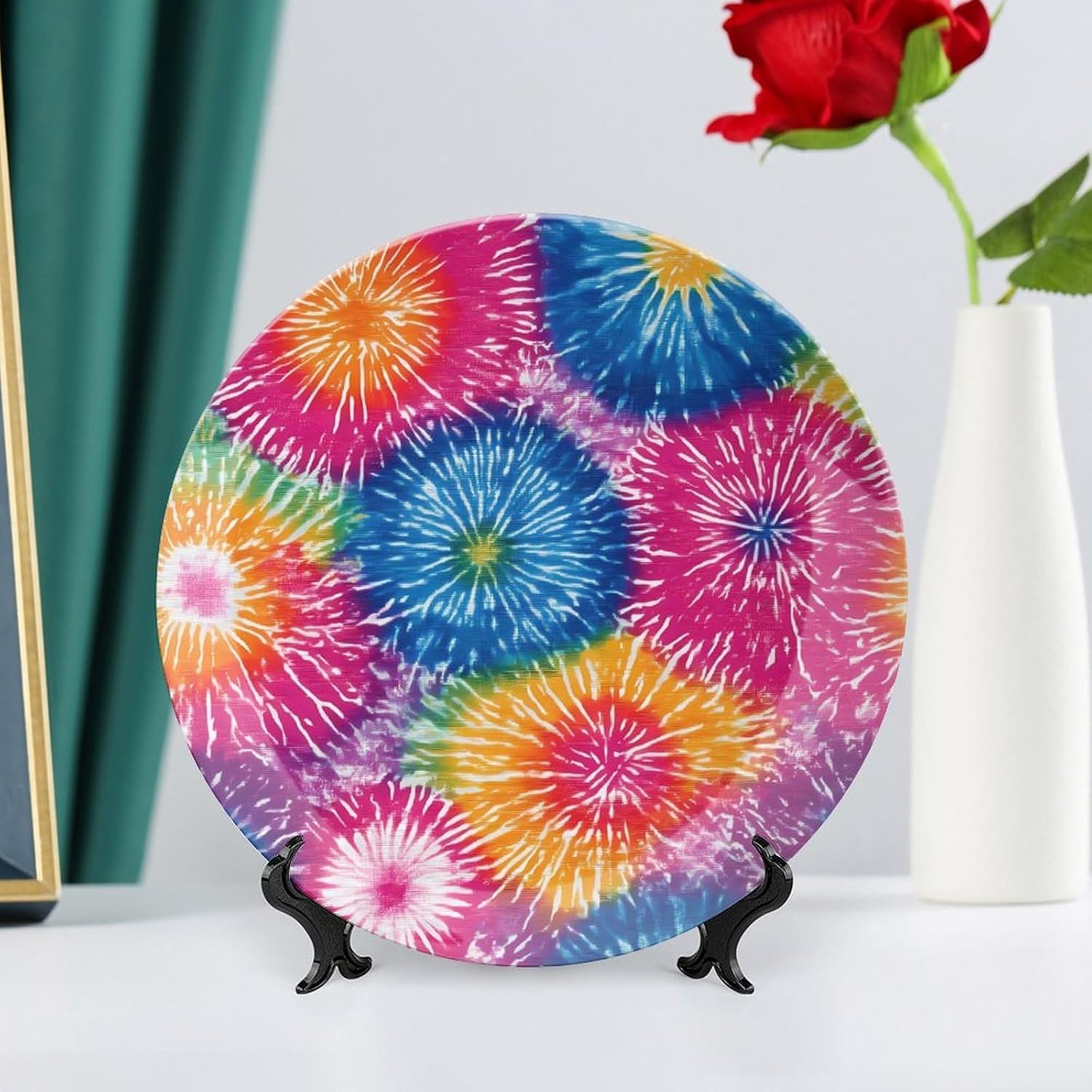 Circular Tie-Dye Fireworks Decorative Plates for Display Ceramic Plate Tray with Stand Hanger Home Decor