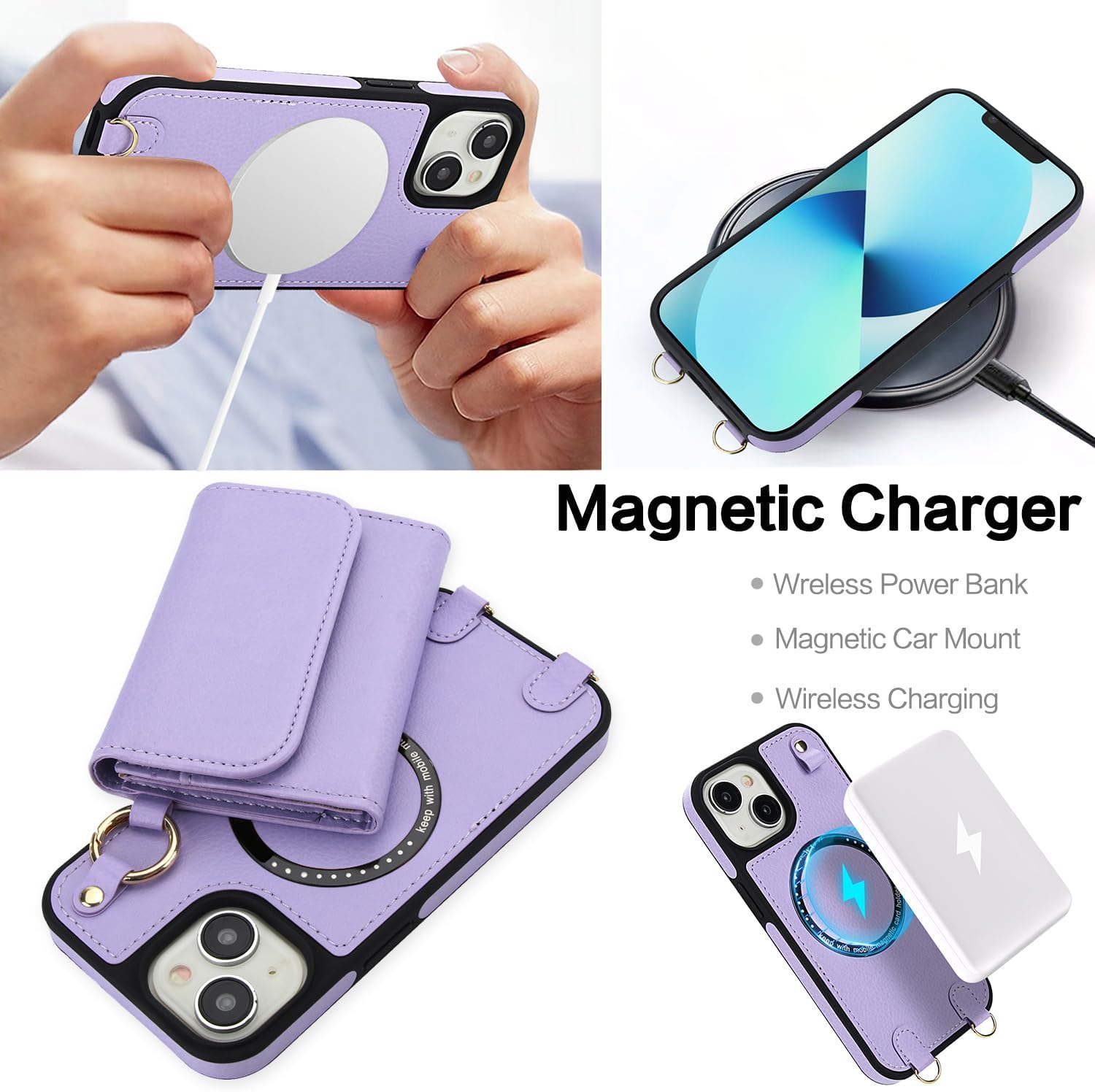 Phone Case for iPhone 13/14 6.1 inch Wallet Magnetic Detachable Cover and Screen Protector Compatible with MagSafe Crossbody Lanyard Strap RFID Blocking Flip iPhone13 iPhone14 Women Men Purple