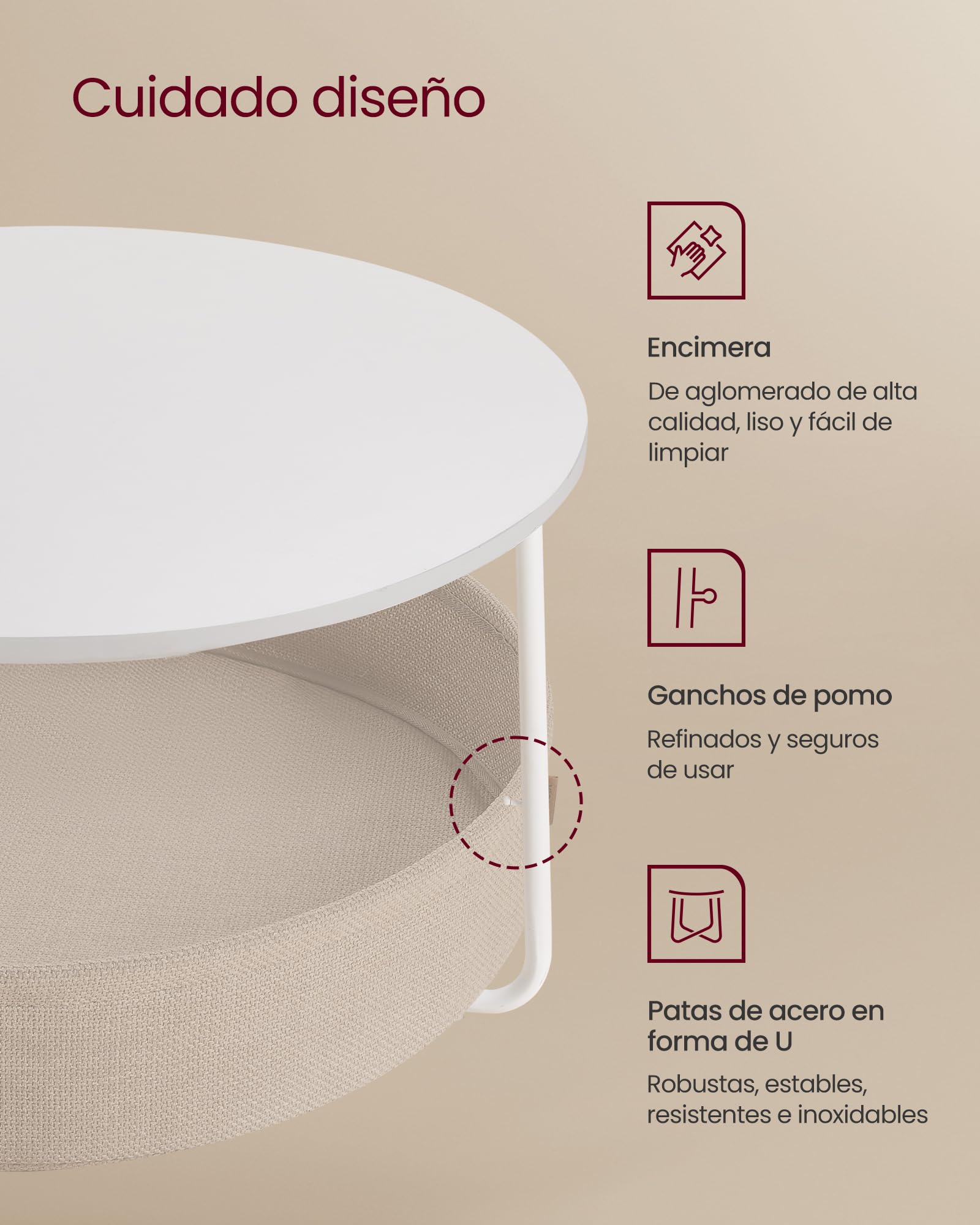 VASAGLE Mesa de Centro Redonda con Almacenamiento, Mesa de salón con Cesta de Tela, Estilo Moderno, Marco de Metal, Blanco Mate y marrón Camel LCT244W10