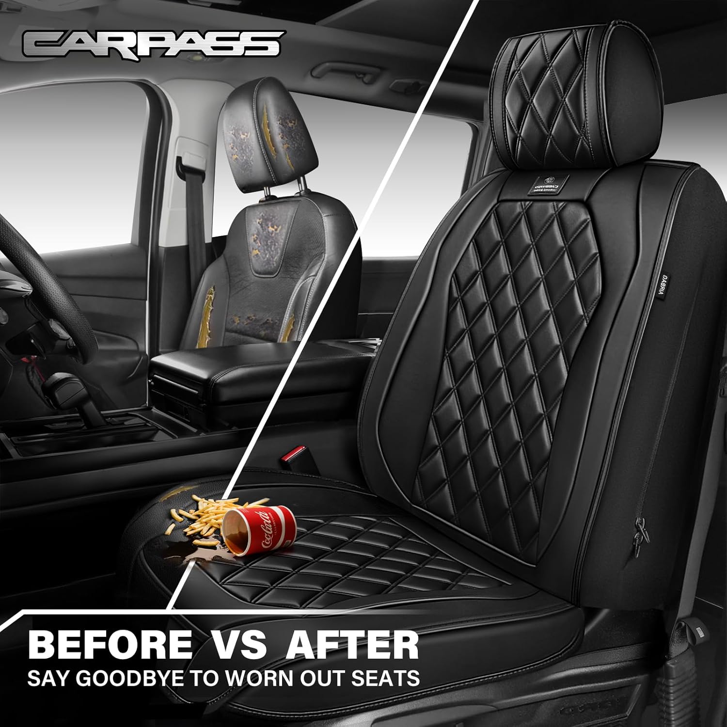 CAR PASS Luxury Leather Car Seat Covers Front Seats Only, Waterproof Faux Leather Front Seat Covers, Universal Automotive Seat Cushion Fit for Sedan SUV Truck Van,Armrest Airbag Compatible Rhomb Black