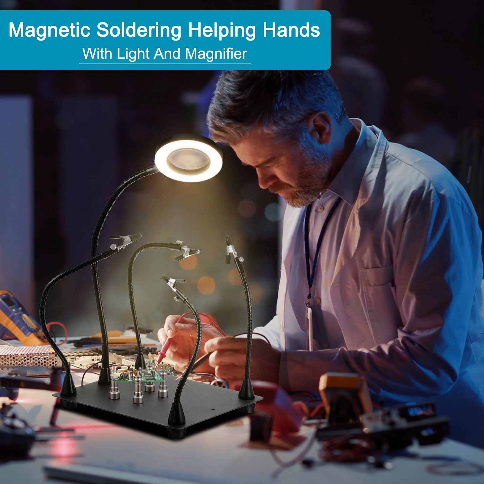 PATIKIL Mano di aiuto magnetico, 1 set di saldatura, 3 x lampada di ingrandimento a LED con supporto magnetico per circuiti stampati PCB per riparazione elettronica PCB Artigianato