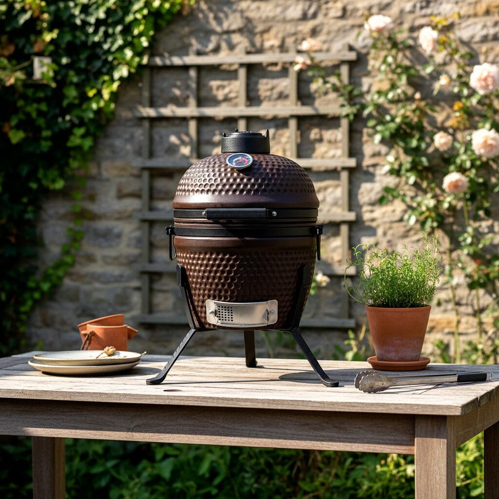 HEAT Premium Kamado Grill Fyregg – ceramiczny grill czarny – w zestawie z ruchomą podstawą, stołami bocznymi i kamieniem deflektorowym – profesjonalny grill na węgiel drzewny i smoker (brązowy, 30 cm)
