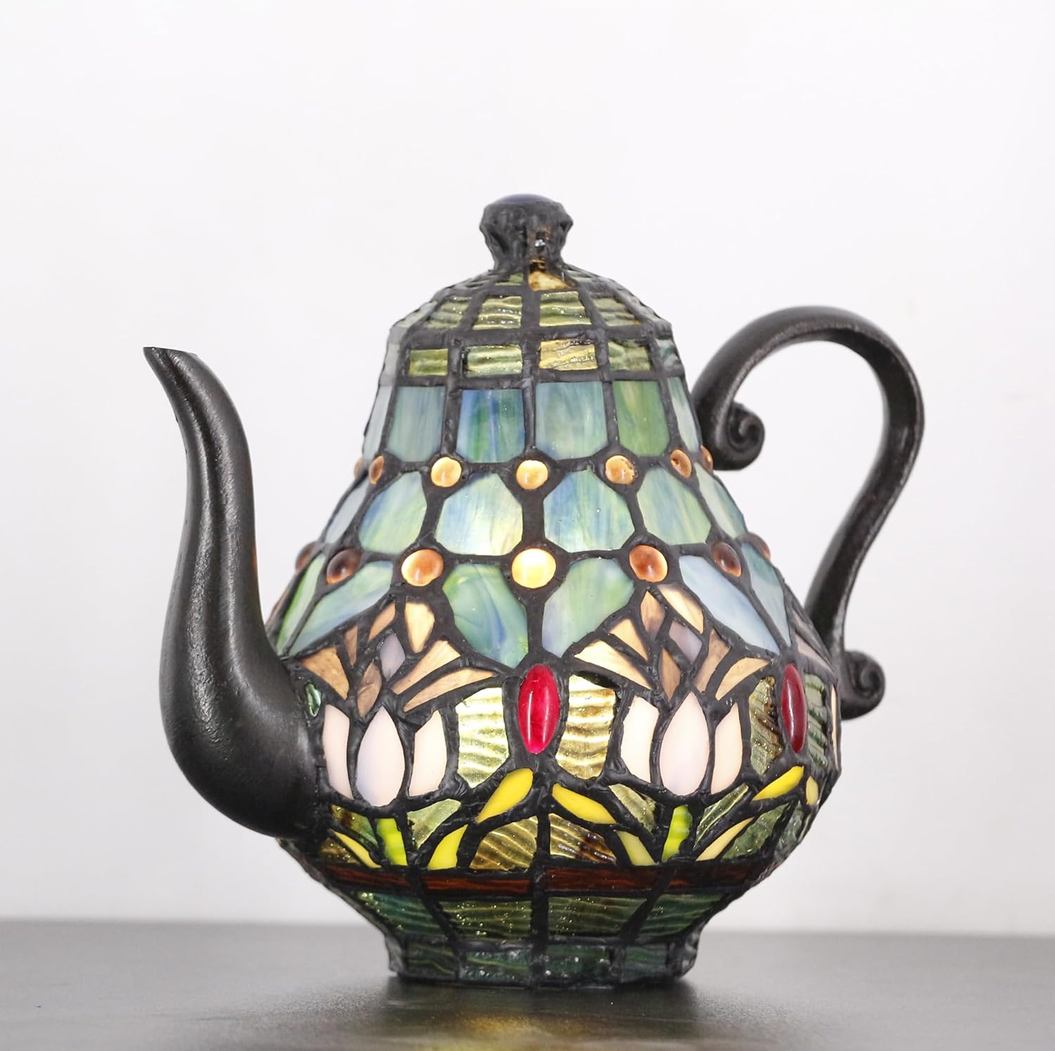 Small Tiffany Lamp Stained Glass Animal Table Lamp Mini Accent Desk Light (Tulip Blue Teapot)