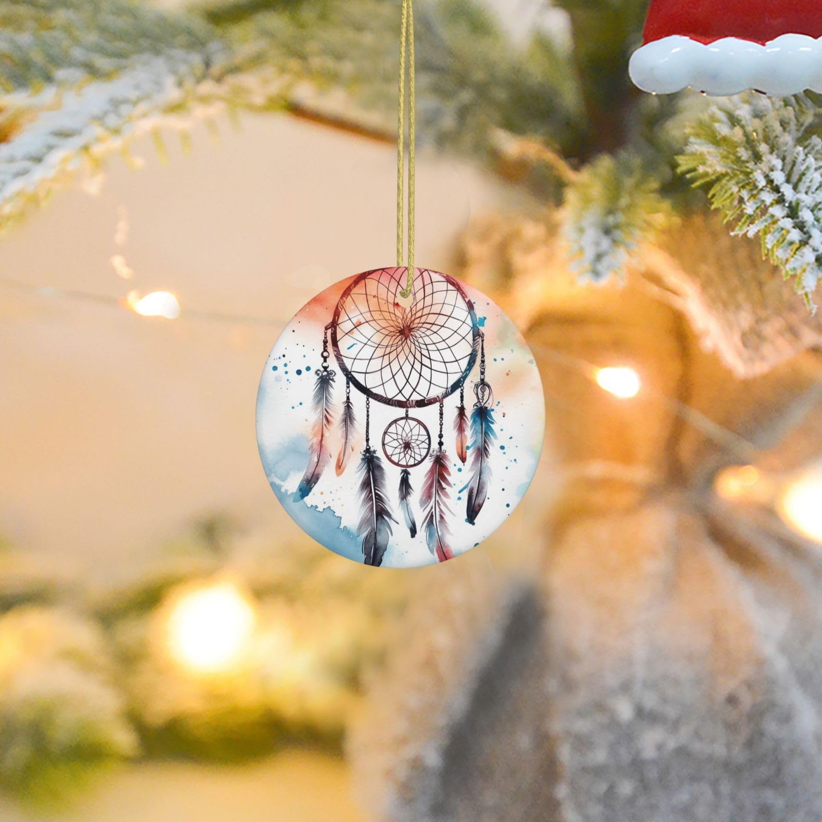 Christmas Tree Ornaments Ceramics Christmas Round Decorations Watercolor Dream Catcher Ceramics Ornaments Circle Pentagram Xmas Tree Hanging Pendant for Christmas Tree Party Holiday Home Decor