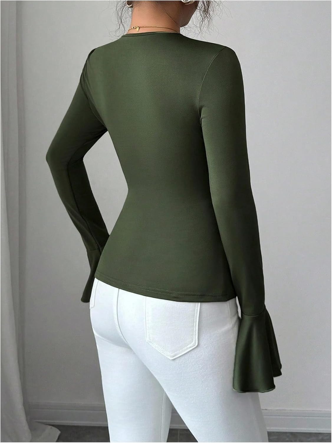 MakeMeChic Women's Bell Sleeve Blouses Wrap Ring V Neck Fitted Work Business Casual Tops - Image 2