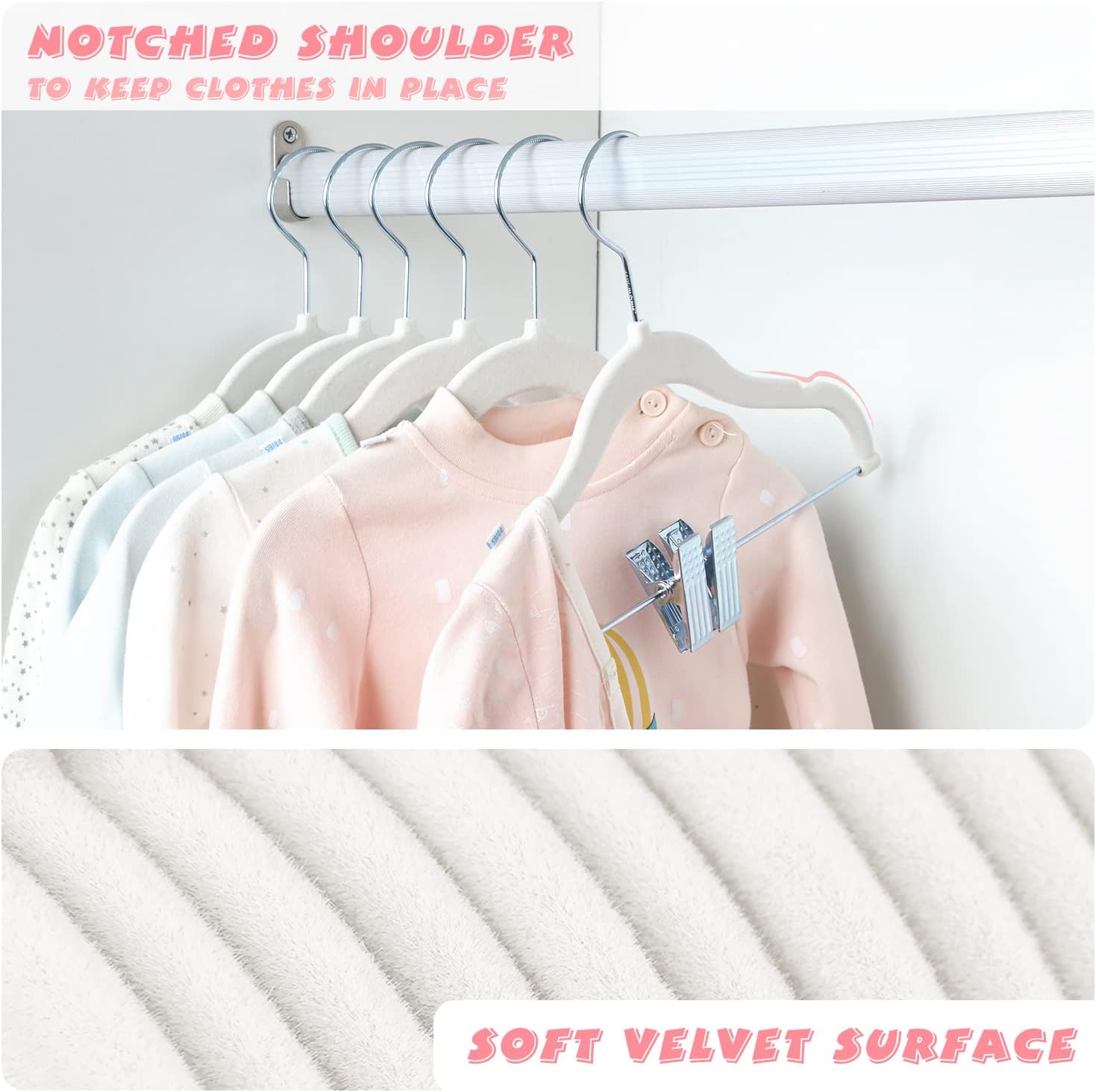ManGotree 11.8'' Baby Velvet Hangers with Movable Clips, Non-Slip Kids Clothes Hangers, Ultra-Thin Space-Saving Children's Felt Hangers for Shirts, Pants, Dresses, Skirts, Jackets (16 Pack, White) - Image 3