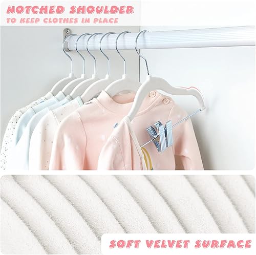 Miniatura 3 de ManGotree Perchas de terciopelo para bebé de 11.8 pulgadas con clips móviles, perchas antideslizantes para ropa para niños, perchas de fieltro