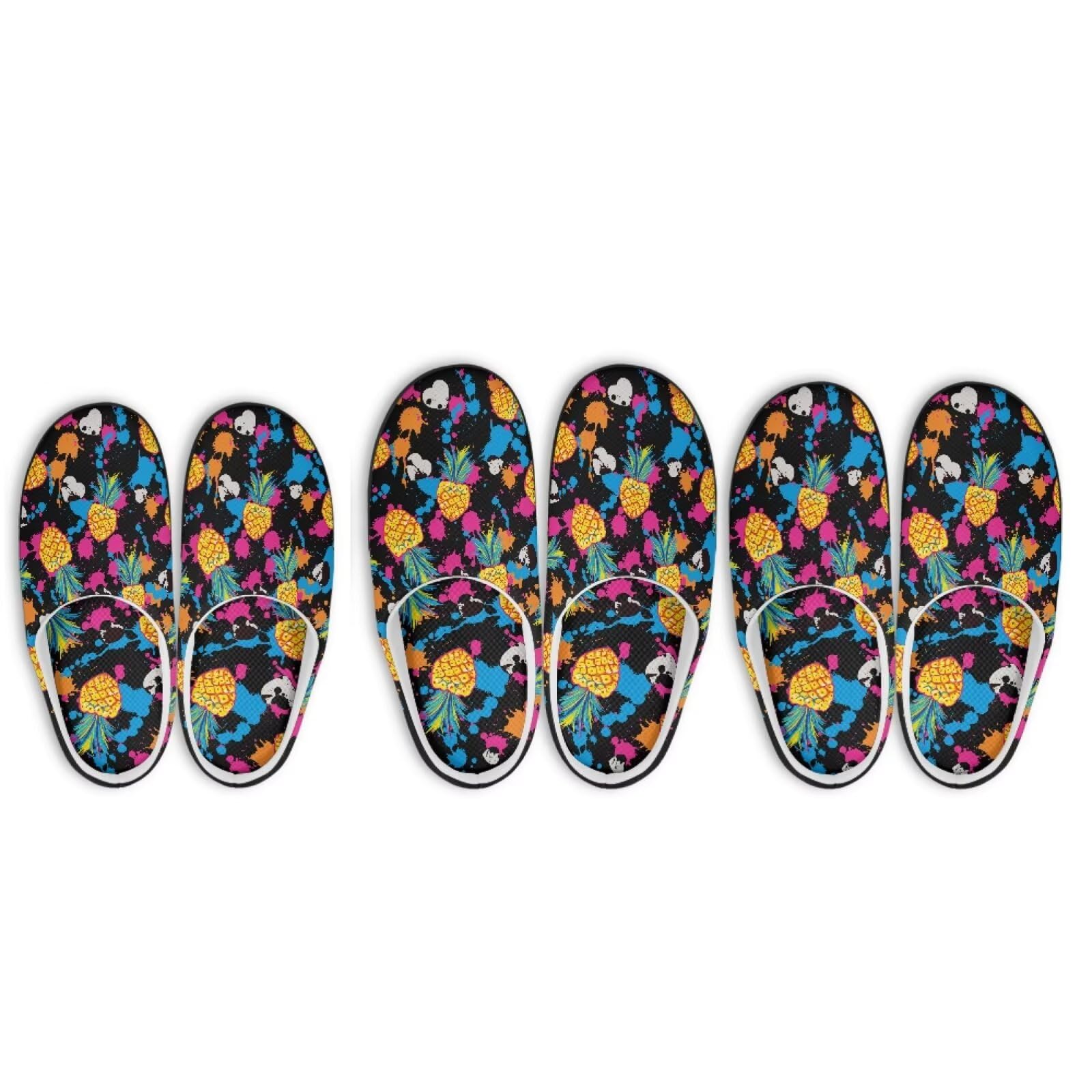 Twousenru Pineapple 3 Pairs Home Party Slippers Set Art Doodle House Shoes for Women Casual Soft Non-Slip Bedroom Slippers with Storage Case