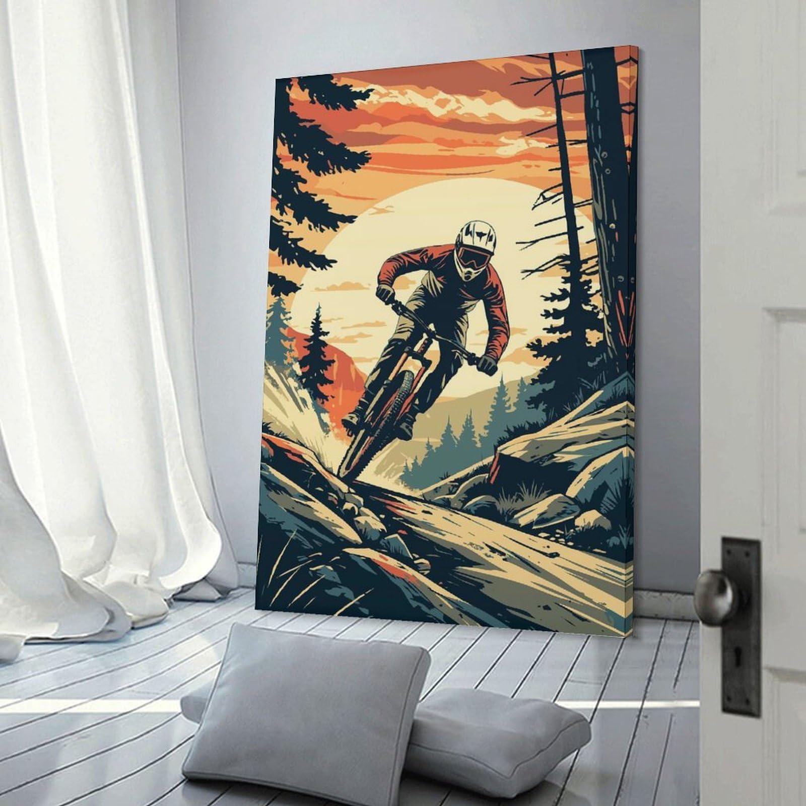 Junmoney Mountain Biker Downhill at Sunset Hanging Wall Art, 12x18inch(30x45cm), for Living Room, Bedroom, Office Or Hallway, Decorative Artwork with Broad Appeal