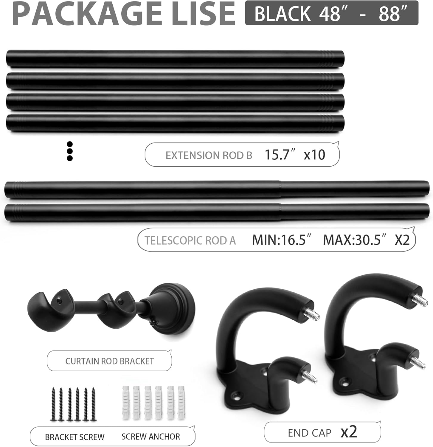 Double Curtain Rods,Double Blackout Wrap Around Curtain Rods for Windows, Room Darkening Drapery Rod, Darkening Telescoping Drapery Rod, Decorative Poles for Home Decor, 48 to 88 Inches, Black