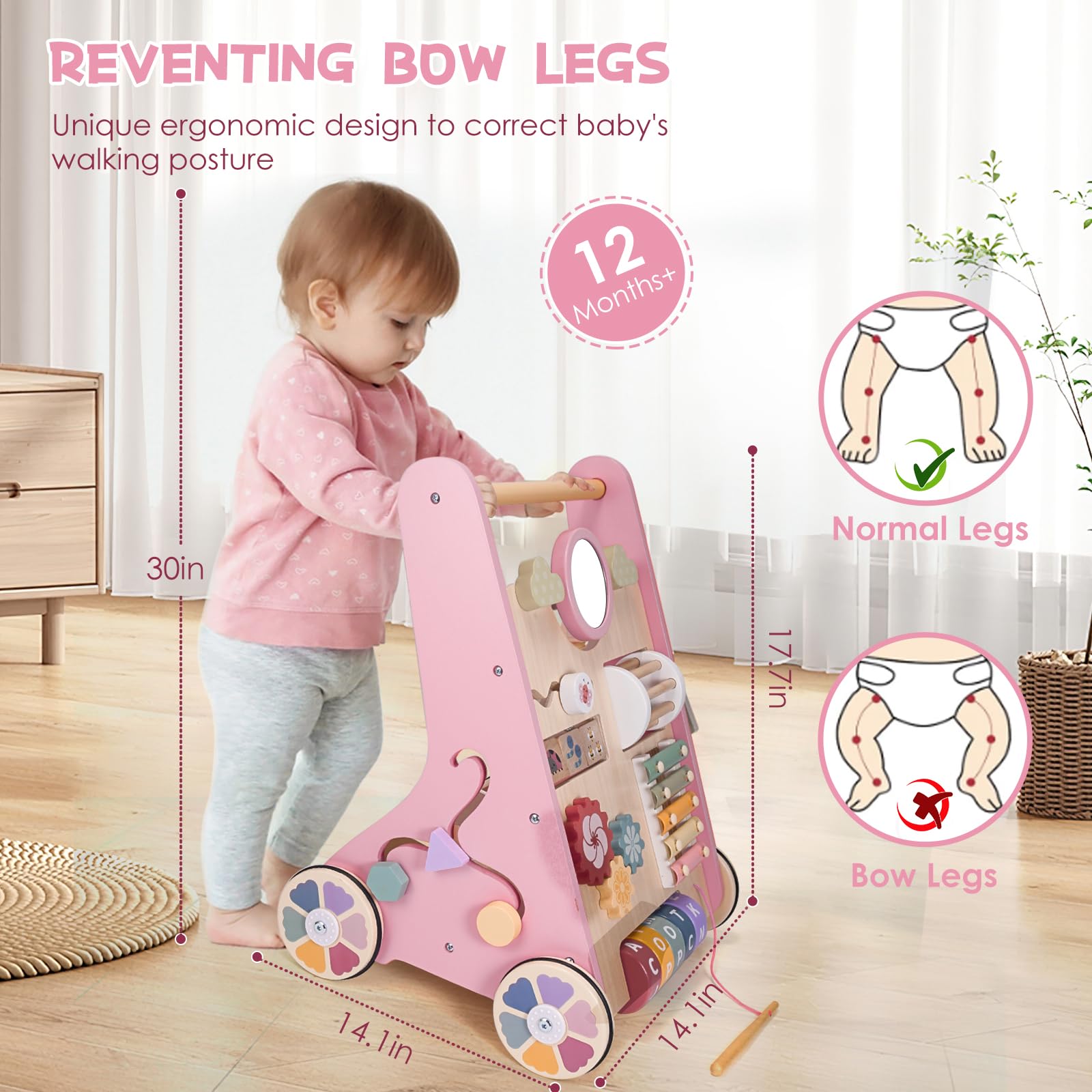 Montessori - Andador de madera para bebés, juguete para actividades de aprendizaje de empujar y tirar, andador de bebé con ruedas para niños y niñas de 1 año, juguete de empuje para niños y niñas de 1
