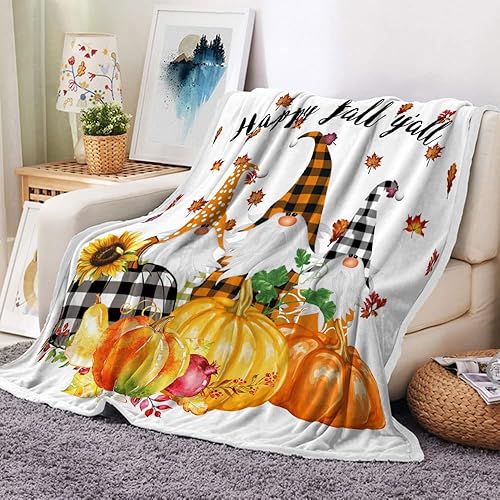 Miniatura 3 de Manta de calabaza de gnomos de otoño, hojas de arce otoñal, manta de franela suave y cálida para decoración de sofá, cama, sofá, 50 x 60 pulgadas