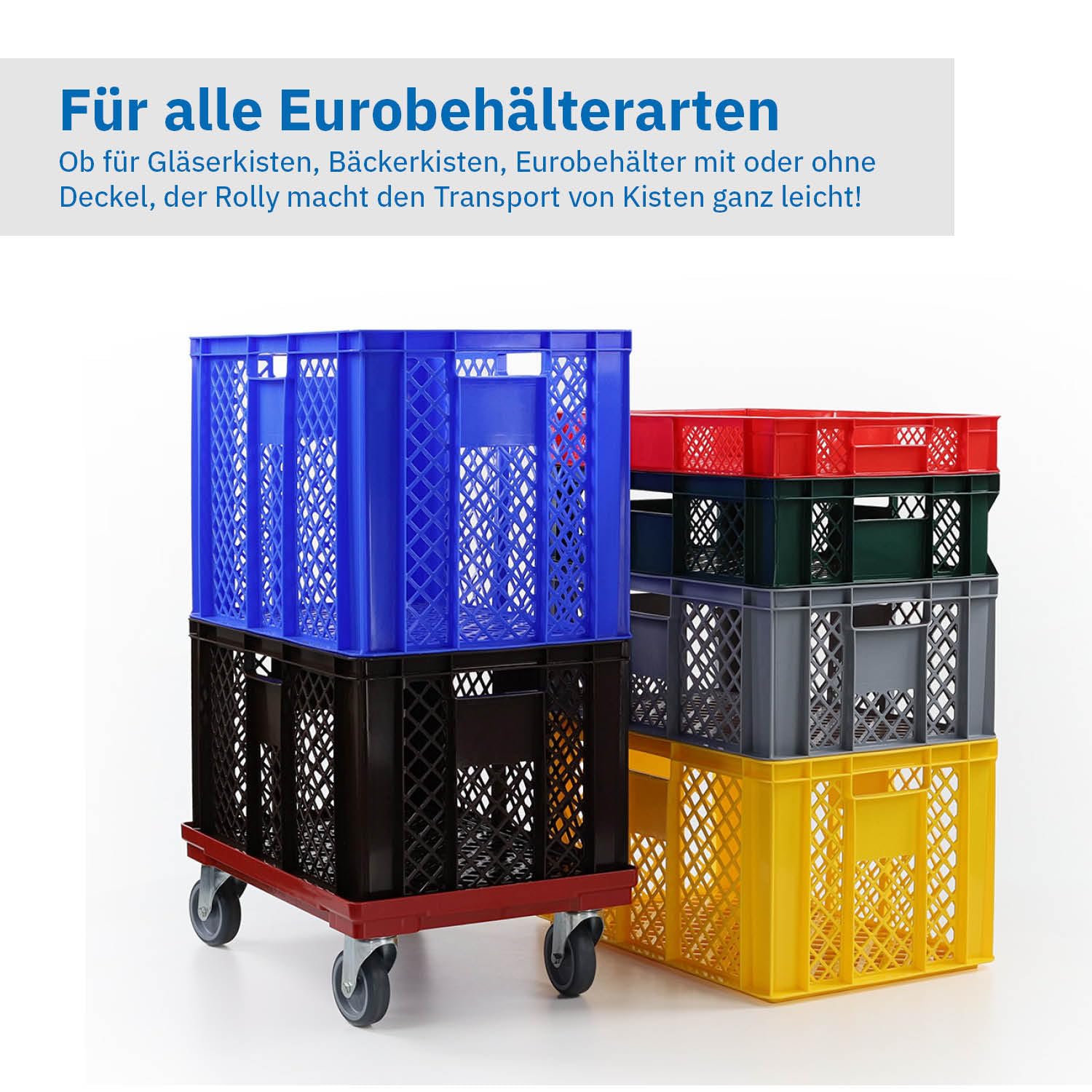 Stabiler Transportroller für Kisten/Eurobehälter | 60x40 cm mit 4 Lenkrollen | Eurobehälter Rolly | Transporthilfe für Stapelboxen oder Kisten | Kistenroller
