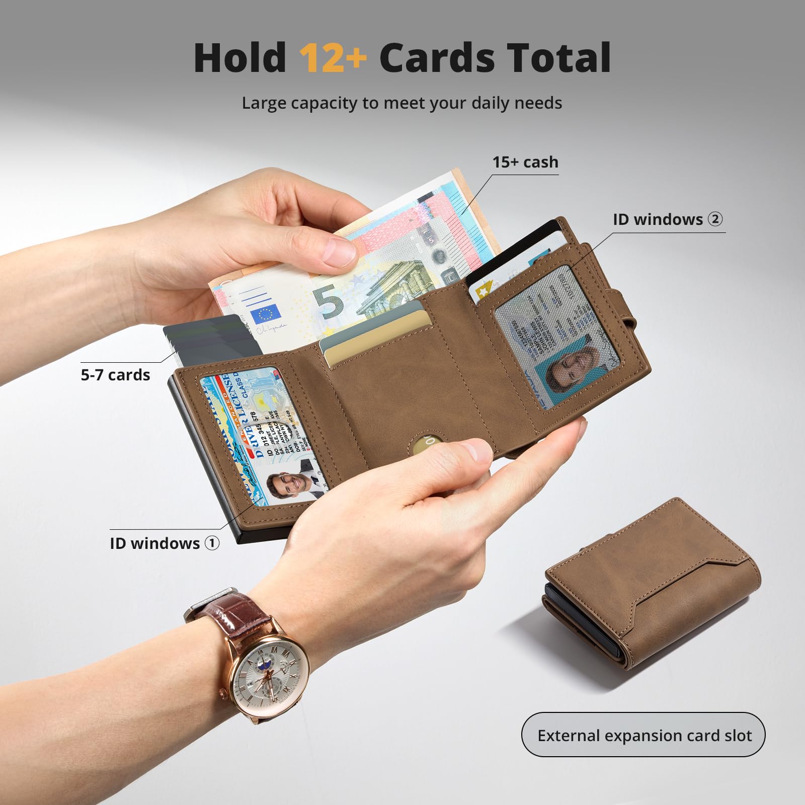 Slim Wallet z kieszenią na monety, męski portfel z ochroną RFID, portfel męski Slim Smat Wallet, etui na karty pop-up, na 10 kart, portfel męski, B03 - brązowy, Dreifach gefaltet, Minimalistyczny