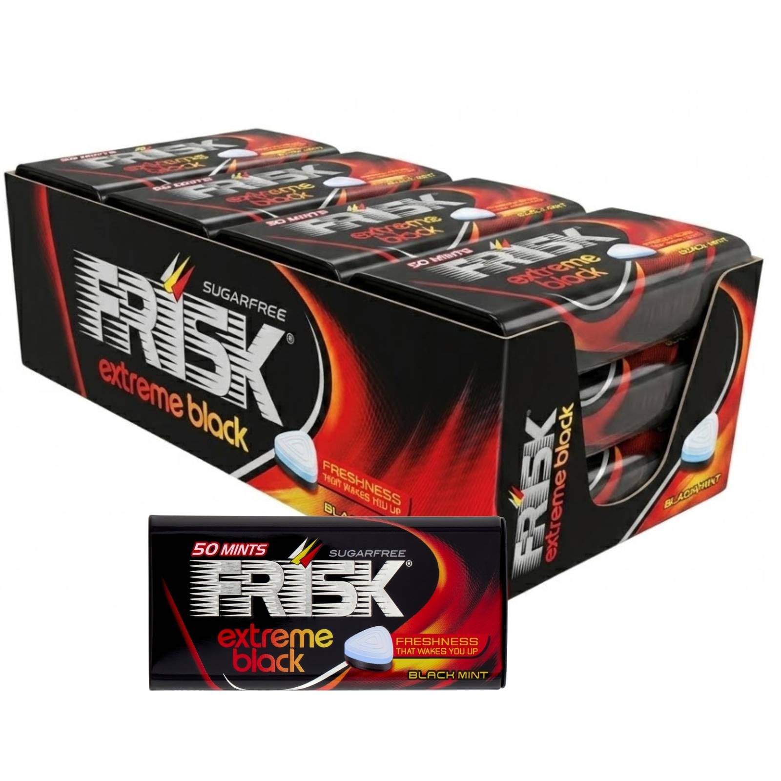 Frisk Extreme Black | Caramelle Dure Gusto Menta Forte | Senza Zucchero | Espositore da 12 Astucci in Metallo